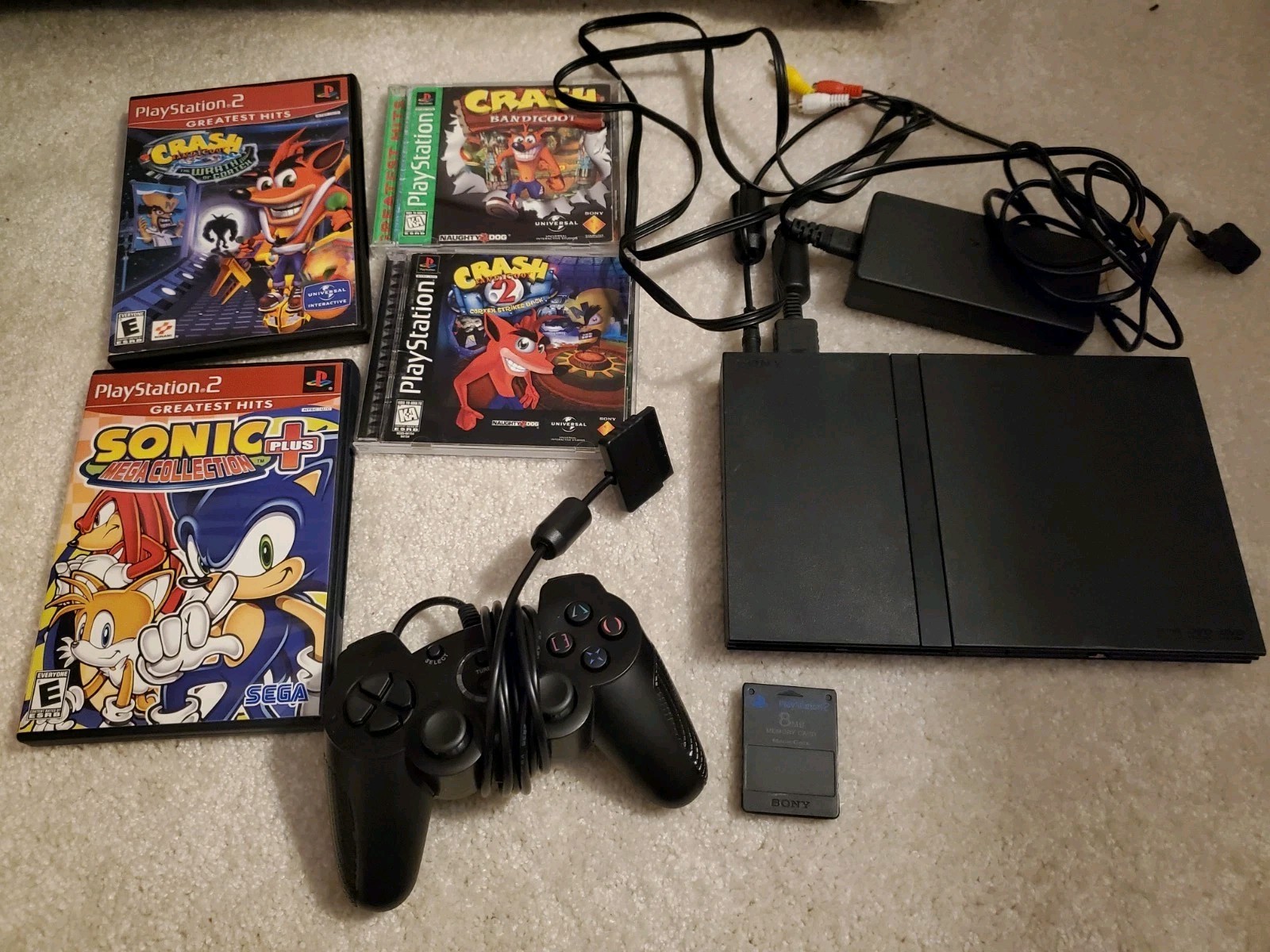 Sony PlayStation 2 Slim Console Sonic & Crash Bandicoot Games + Controller