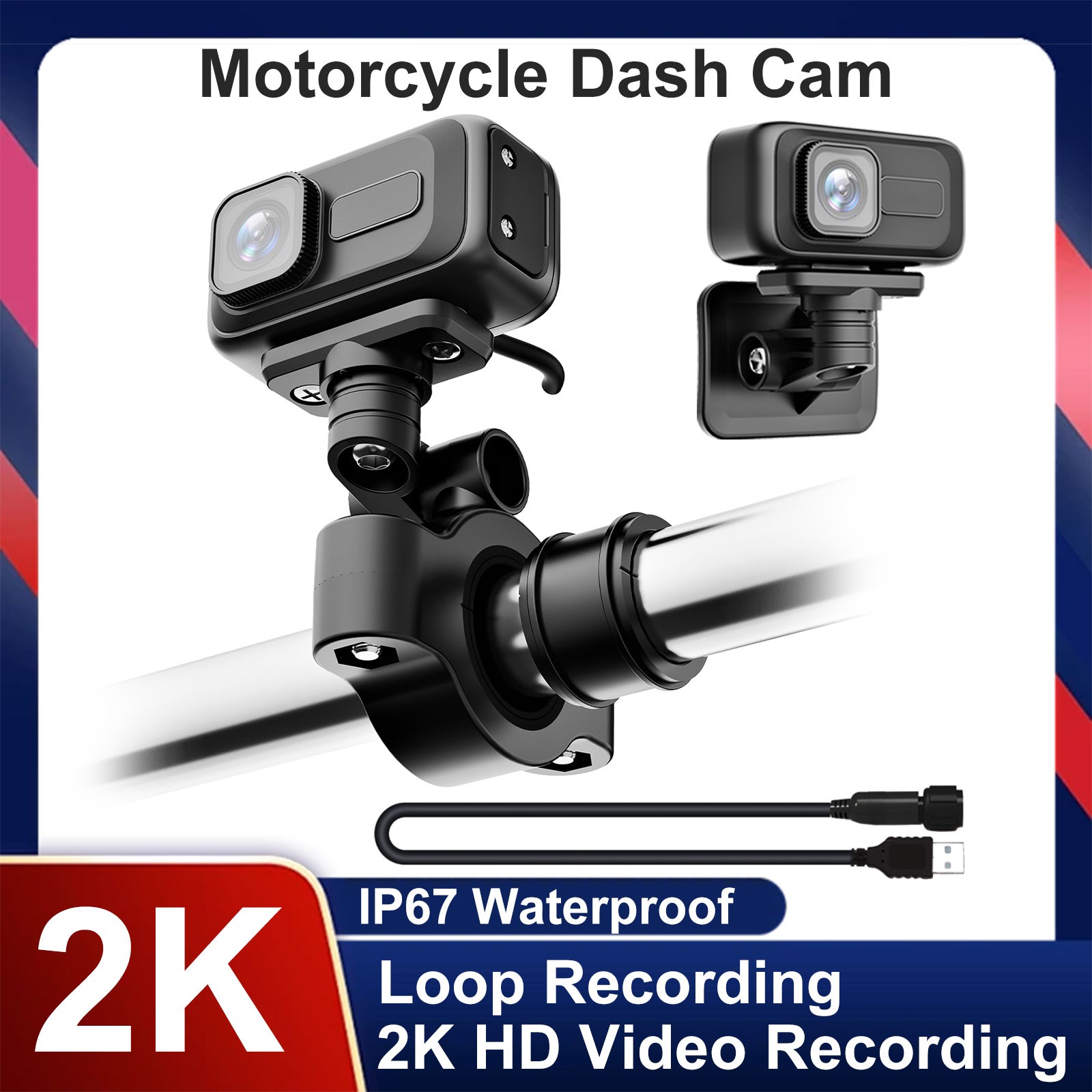 2K HD Bike Camera Motorcycle Recorder 64GB Card 3 Brackets Waterproof Anti-Shake