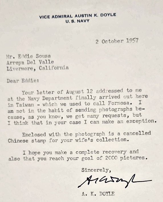 Vice Admiral Austin K Doyle signed letter WWII Navy CO USS Hornet Iwo Jima NC