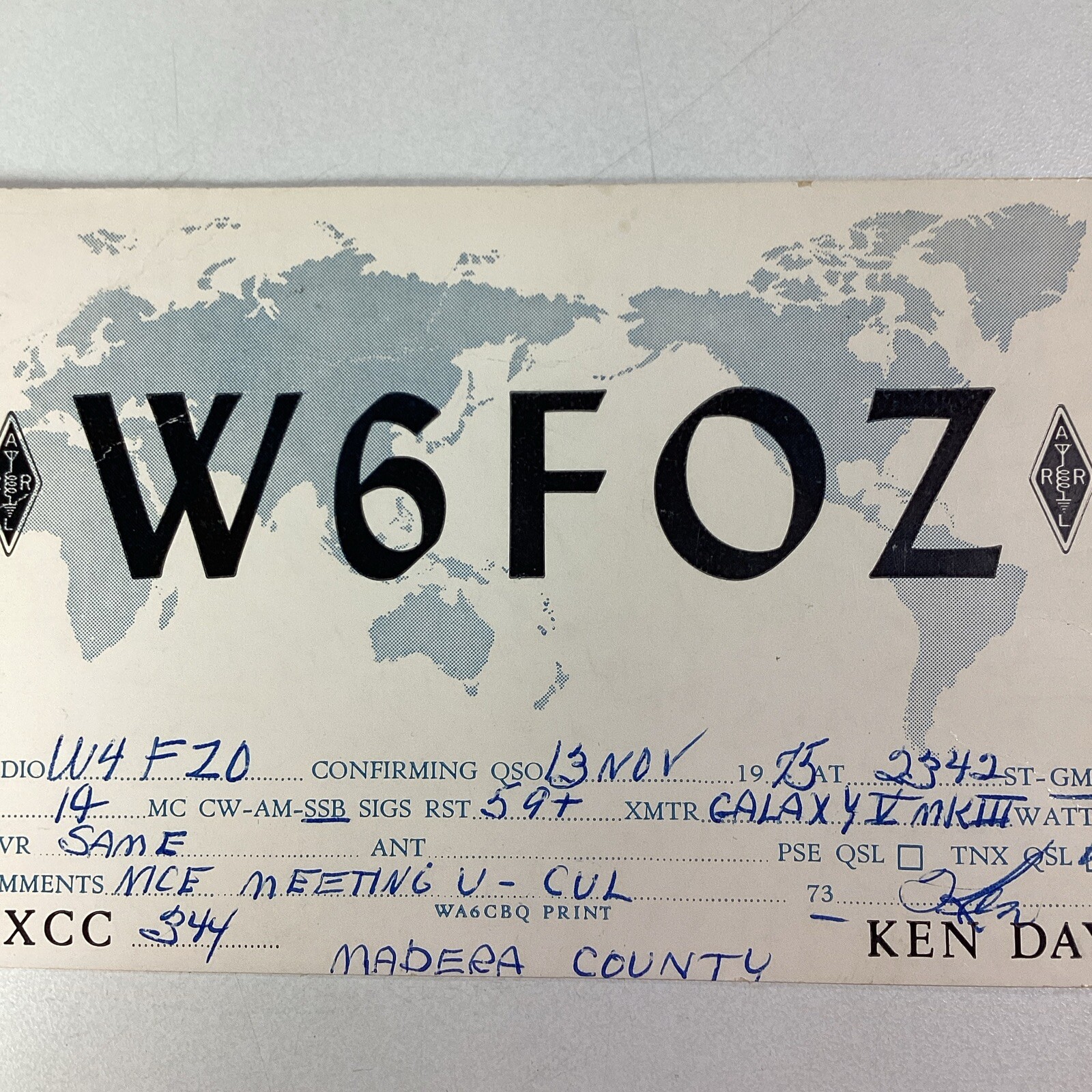 California QSL Radio Card 1975 North Fork Madera Ken Day