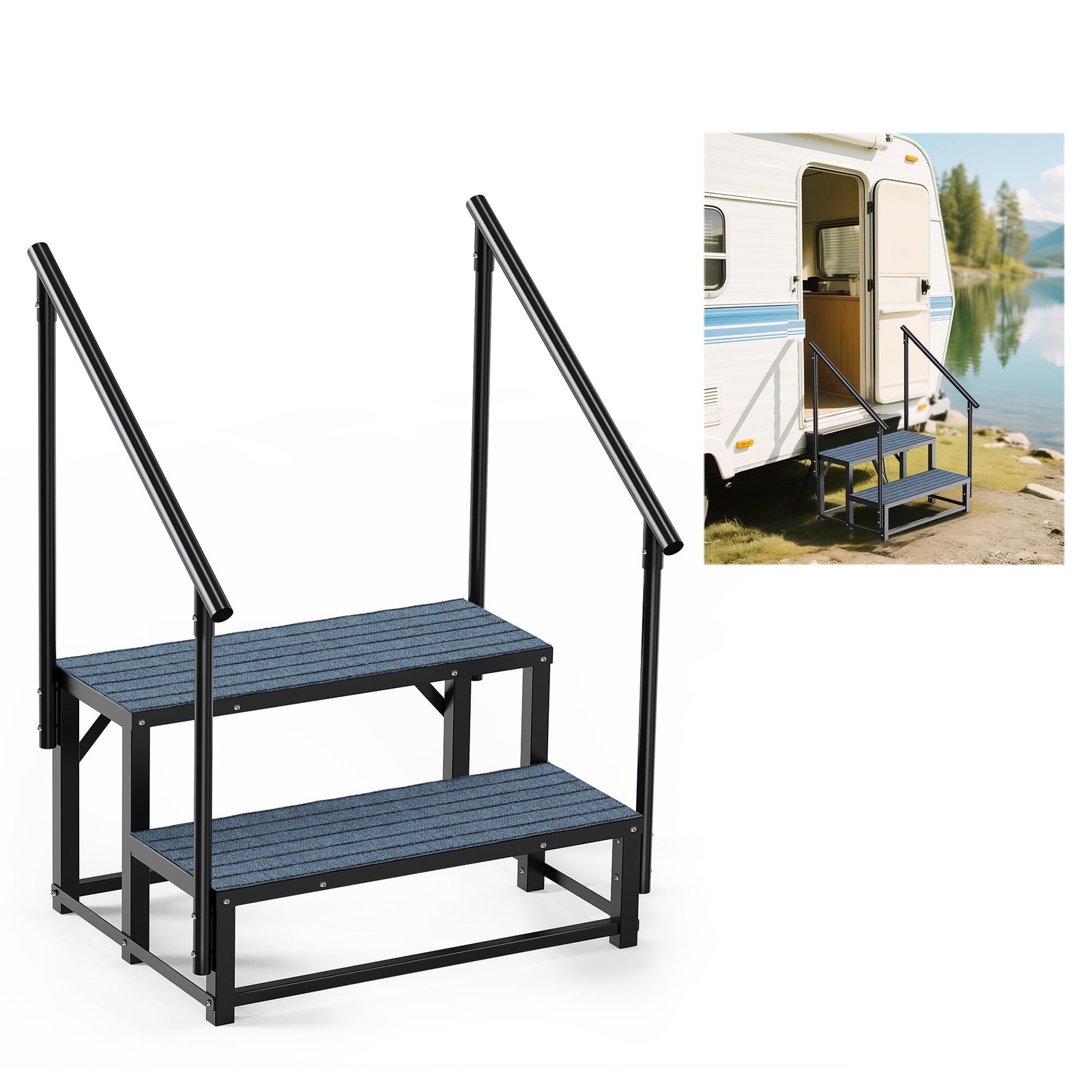 RV Steps with 2 Handrail 2-Step Heavy Duty Hot Tub Non-Slip Outdoor Spa