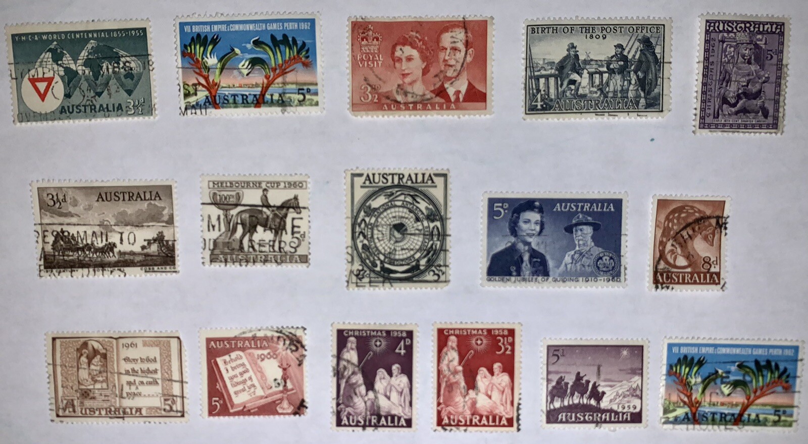 16 Vintage Australia Postage Stamps Christmas 1958-62, Birth of Post Office Used