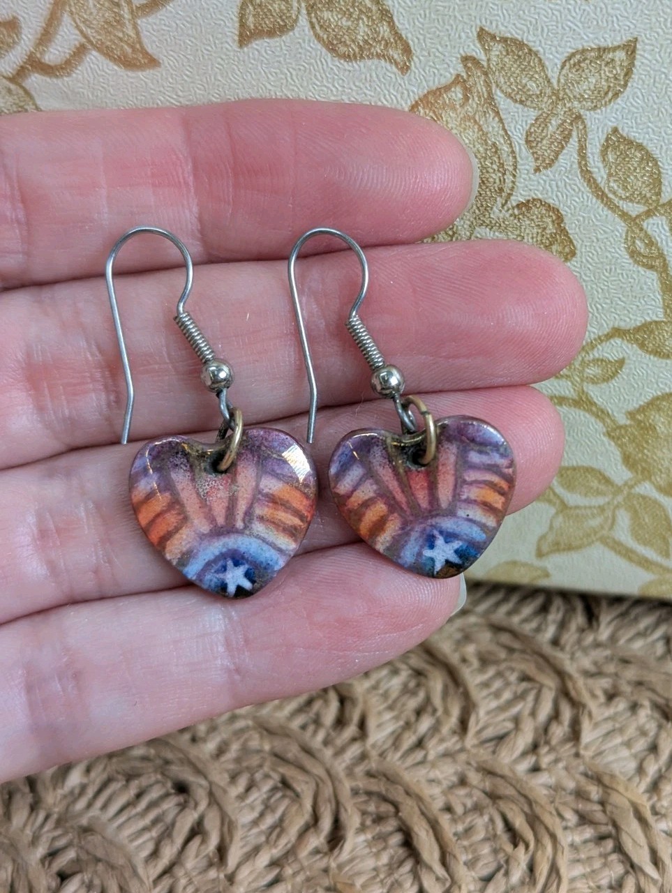 Women's Vintage Handmade Glazed Painted Pottery Heart Shape Dangle Earrings