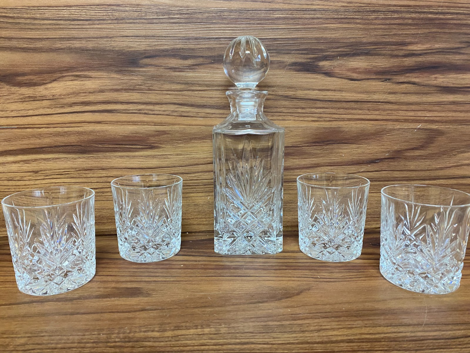 CRISTAL D' ARQUES DURAND LIQUOR DECANTER FACETED MASQUERADE & 4 WHISKEY GLASSES
