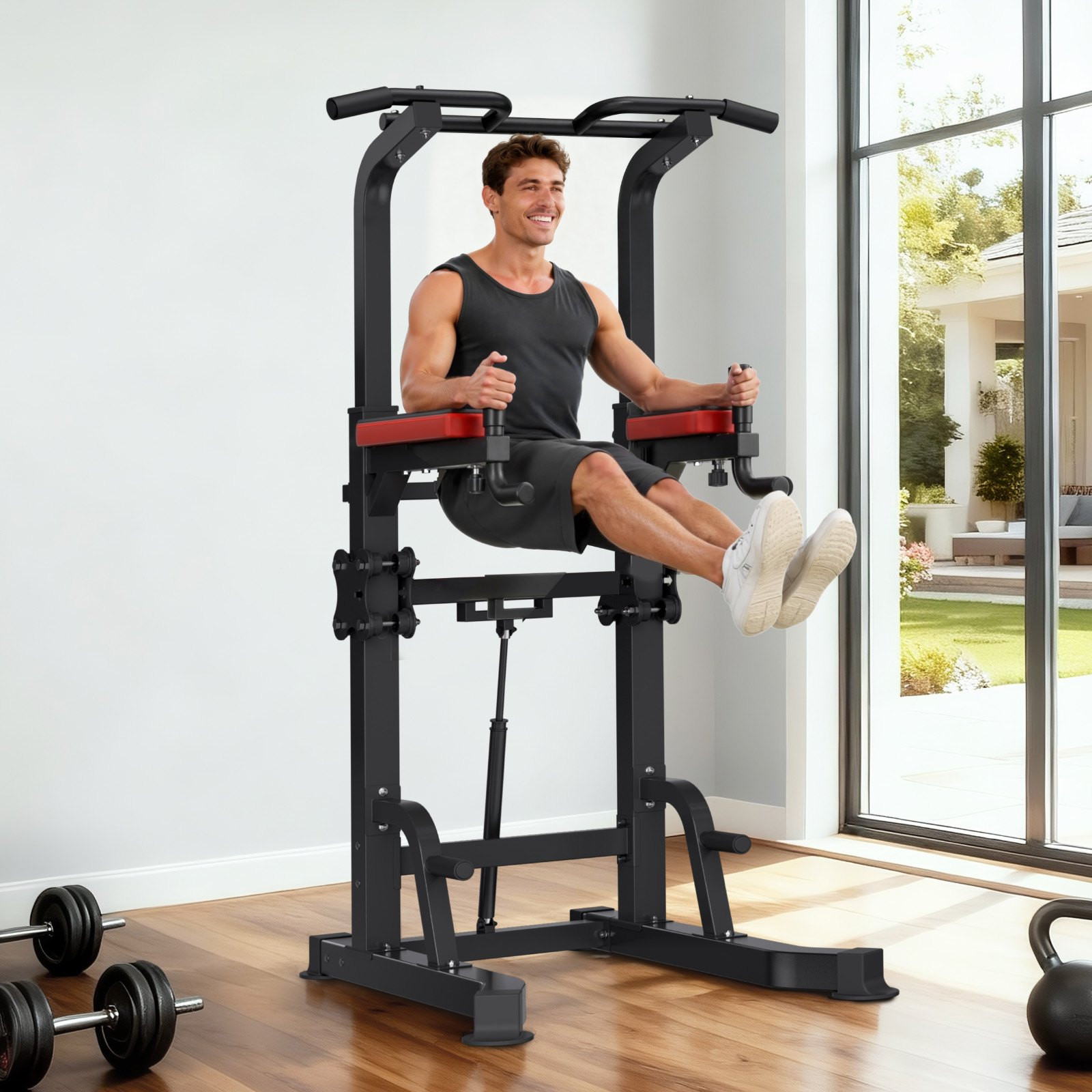VEVOR Adjustable 330 LBS Pull Up Bar & Power Tower Dip Station with H-Shaped Bas