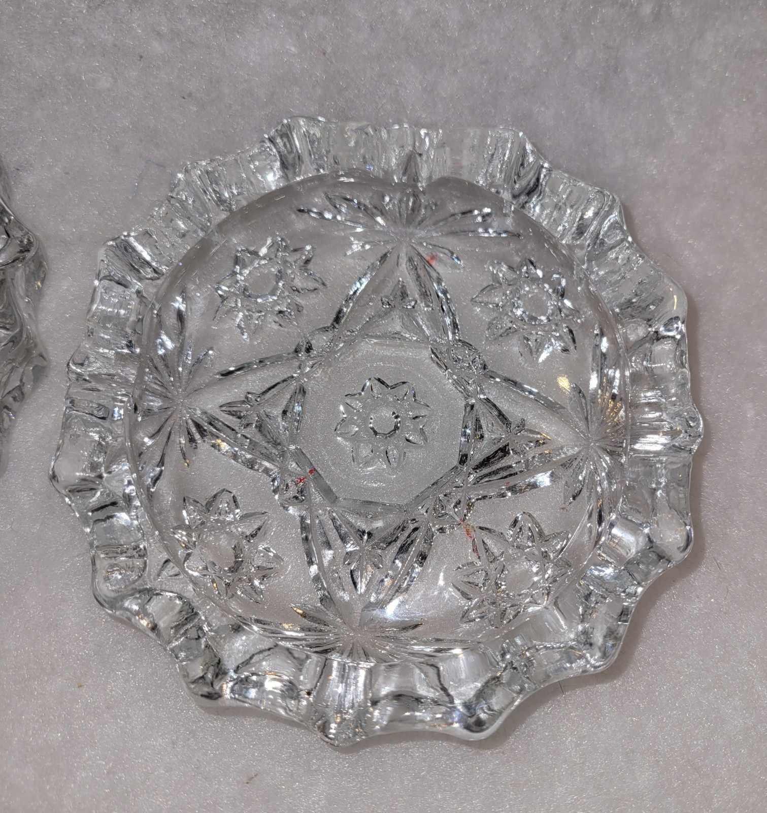 (2) Vintage Starburst Glass Ashtray Star & Fan Pattern Mid Century Trinket Dish
