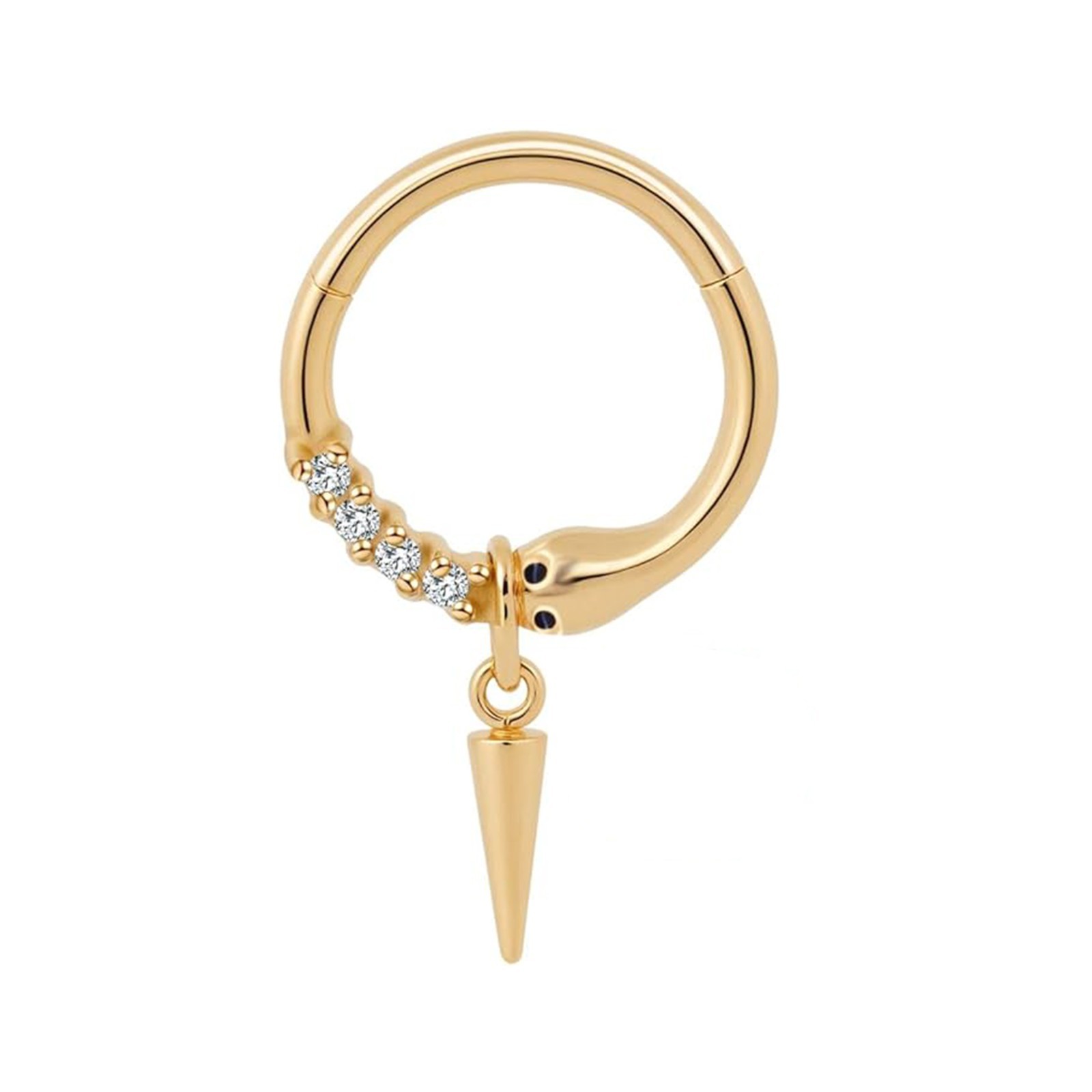 Gold 10K Tone Lab Grown Septum Hoop Ring with Dangle Spike Hinged Nose Ring