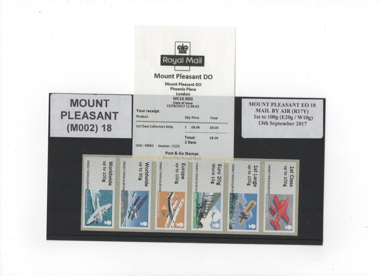 POST GO MPLEASANT EO/DO M002 MAIL BY AIR COLLECTOR STRIP of 6 to 100g/DV SCARCE