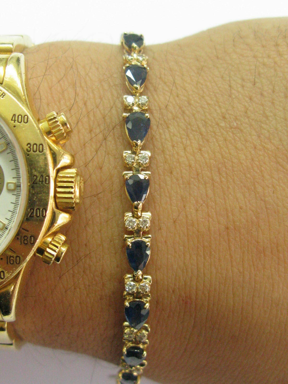 Natural Ceylon Sapphire & Diamond Yellow Gold Tennis Bracelet 14Kt  7" 13.75CT