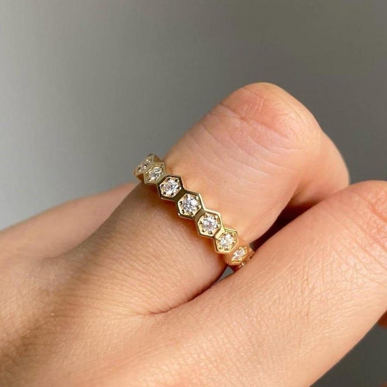 Hexagon Shape Full Eternity Wedding Band Round Moissanite Stackable Bold Band