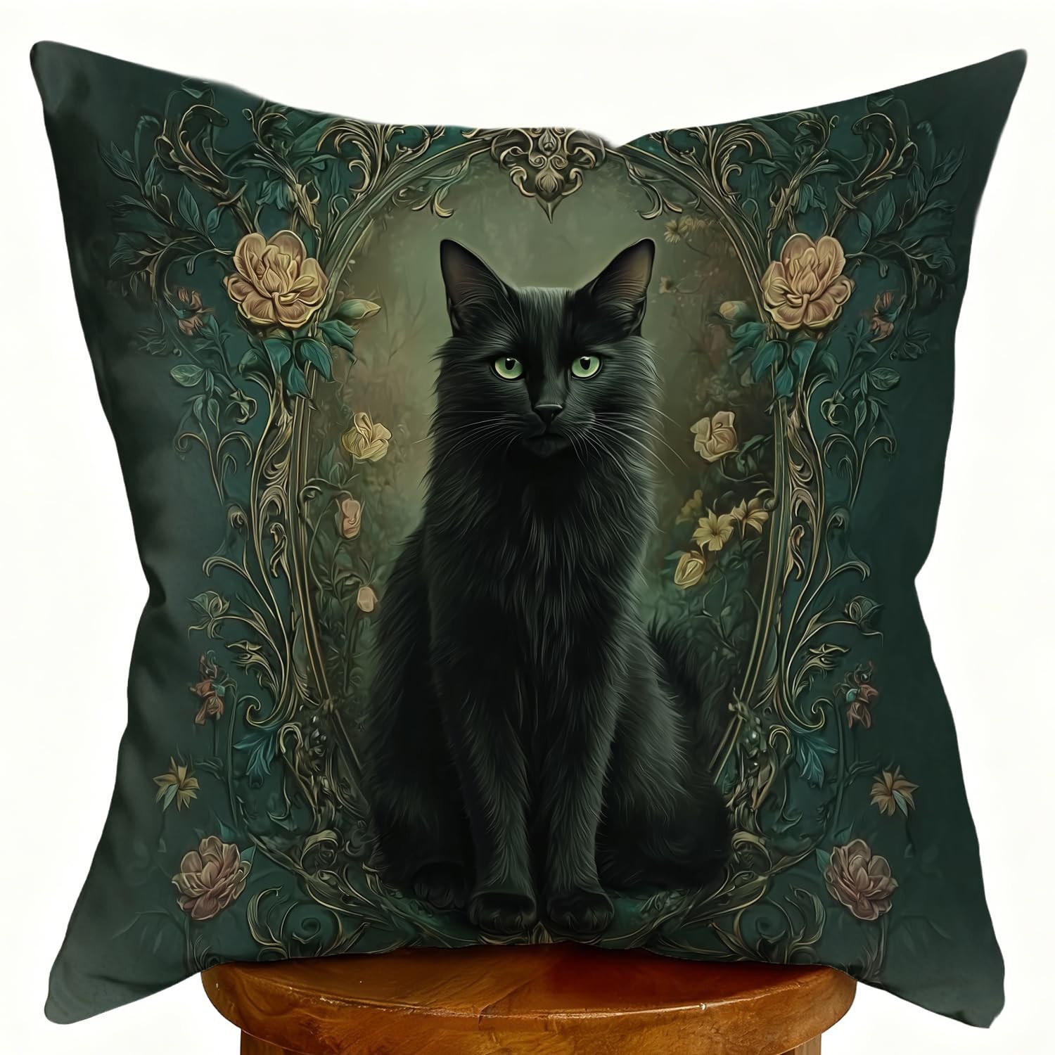 DWSHX Vintage Aesthetic Black Cat Pillow Cover, 20" x 12" (Pack of 1), Green 