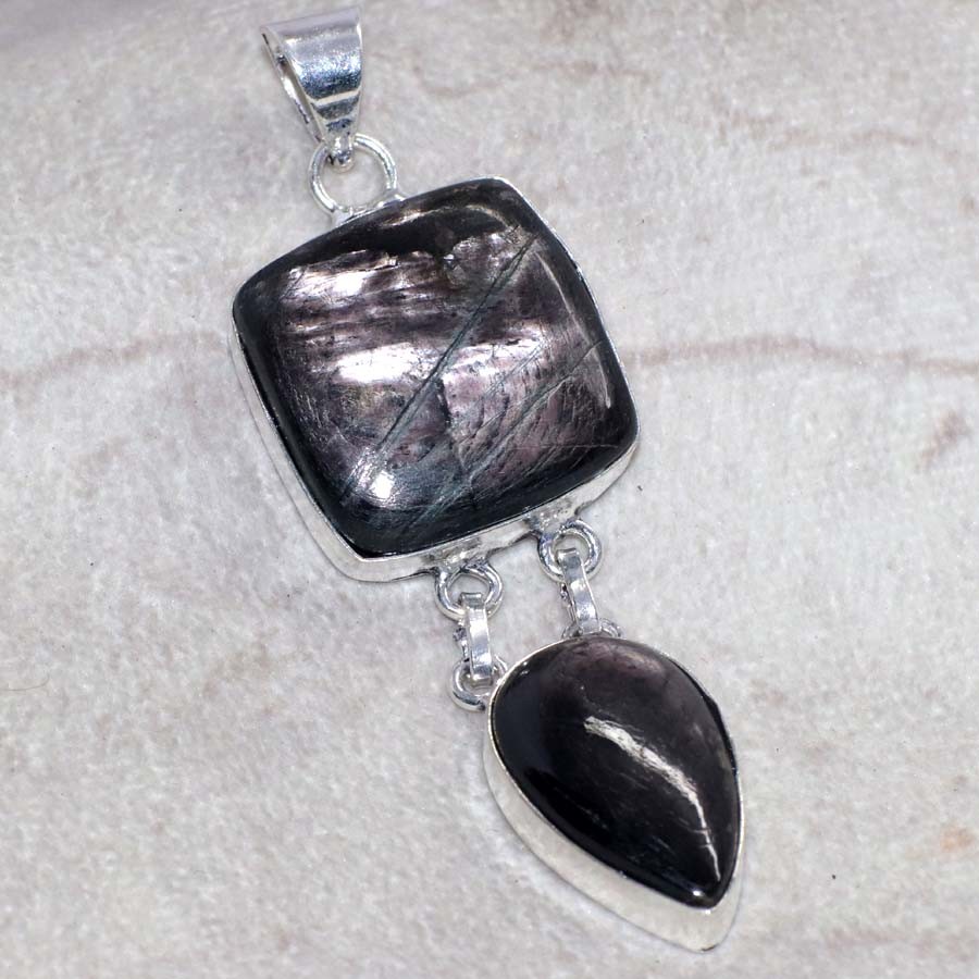 925 Silver Plated Long Hypersthene Pendant 2.7" Best Seller Design Trendy MJ