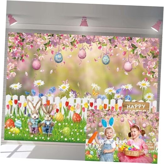 Spring Photo Backdrop 7X5FT Easter Rabbit Colorful Eggs Spring 7X5FT(82x59inch)