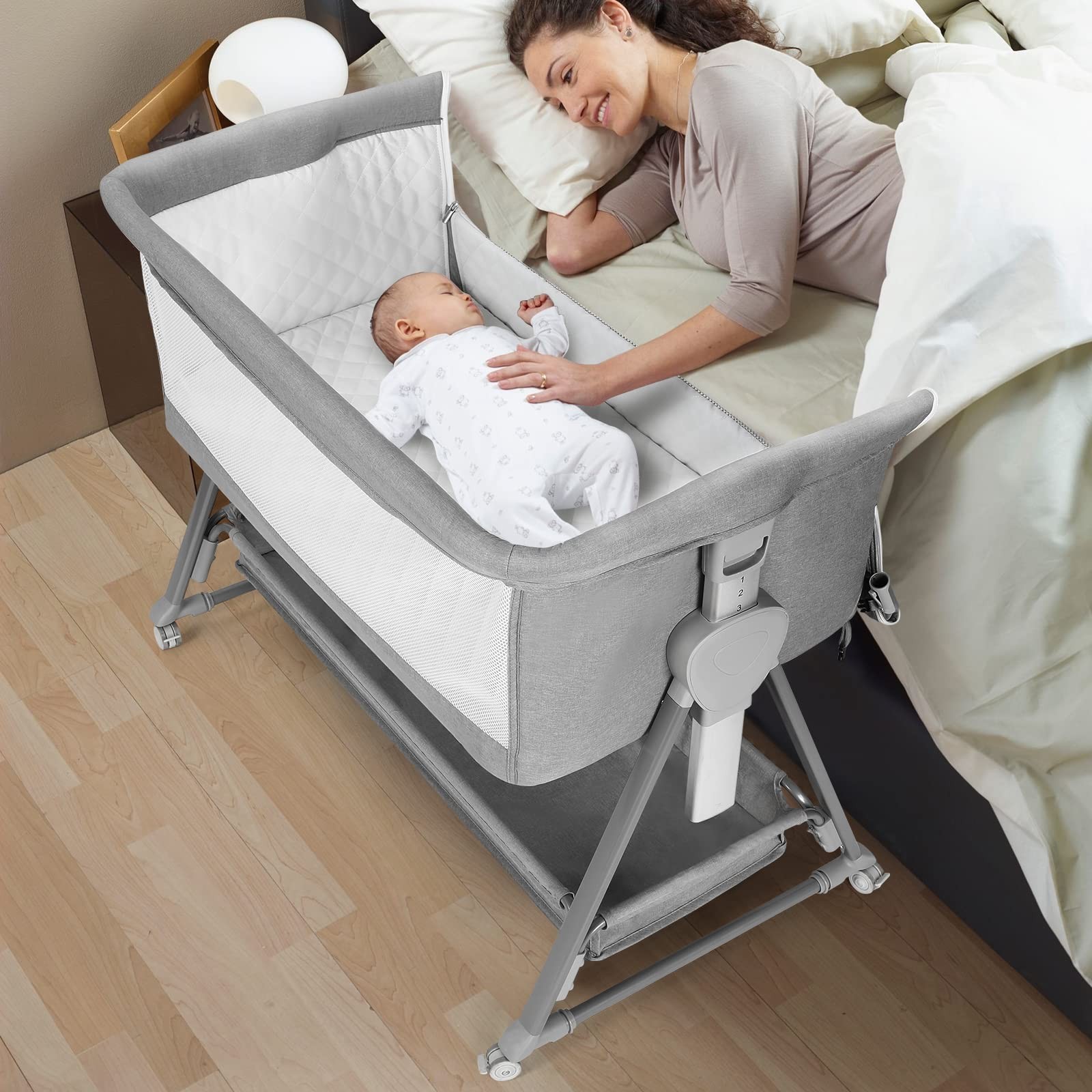 Bassinet Bedside Sleeper 7 Adjustable Height Storage Pyramid Light Gray Portable