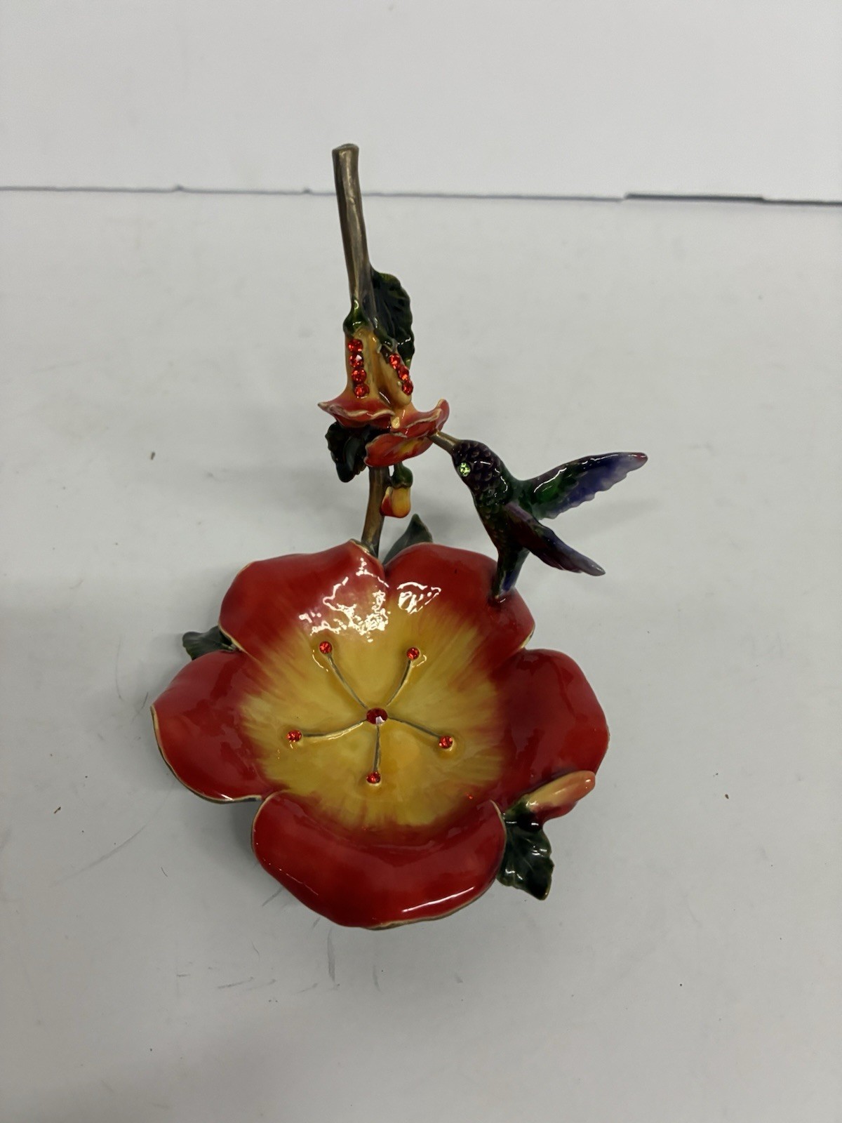 Hummingbird Flower Trinket Ring Dish Brass Enamel Cloisonné  Rhinestone