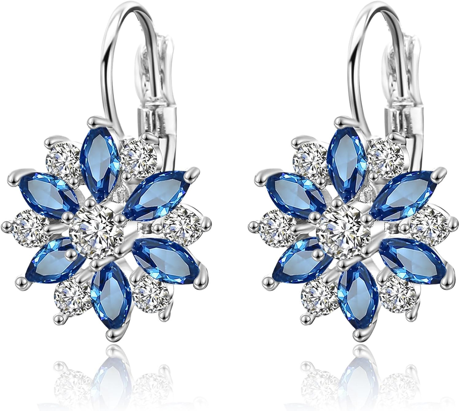 S925 Sterling Silver Sparkly Blue Cubic Zirconia Snowflake Flower Leverback Drop