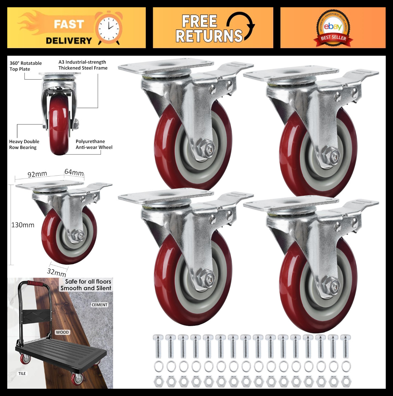 Heavy Duty 4" Caster Wheels Set of 4 with Brake, Lockable PU Swivel Casters, 260