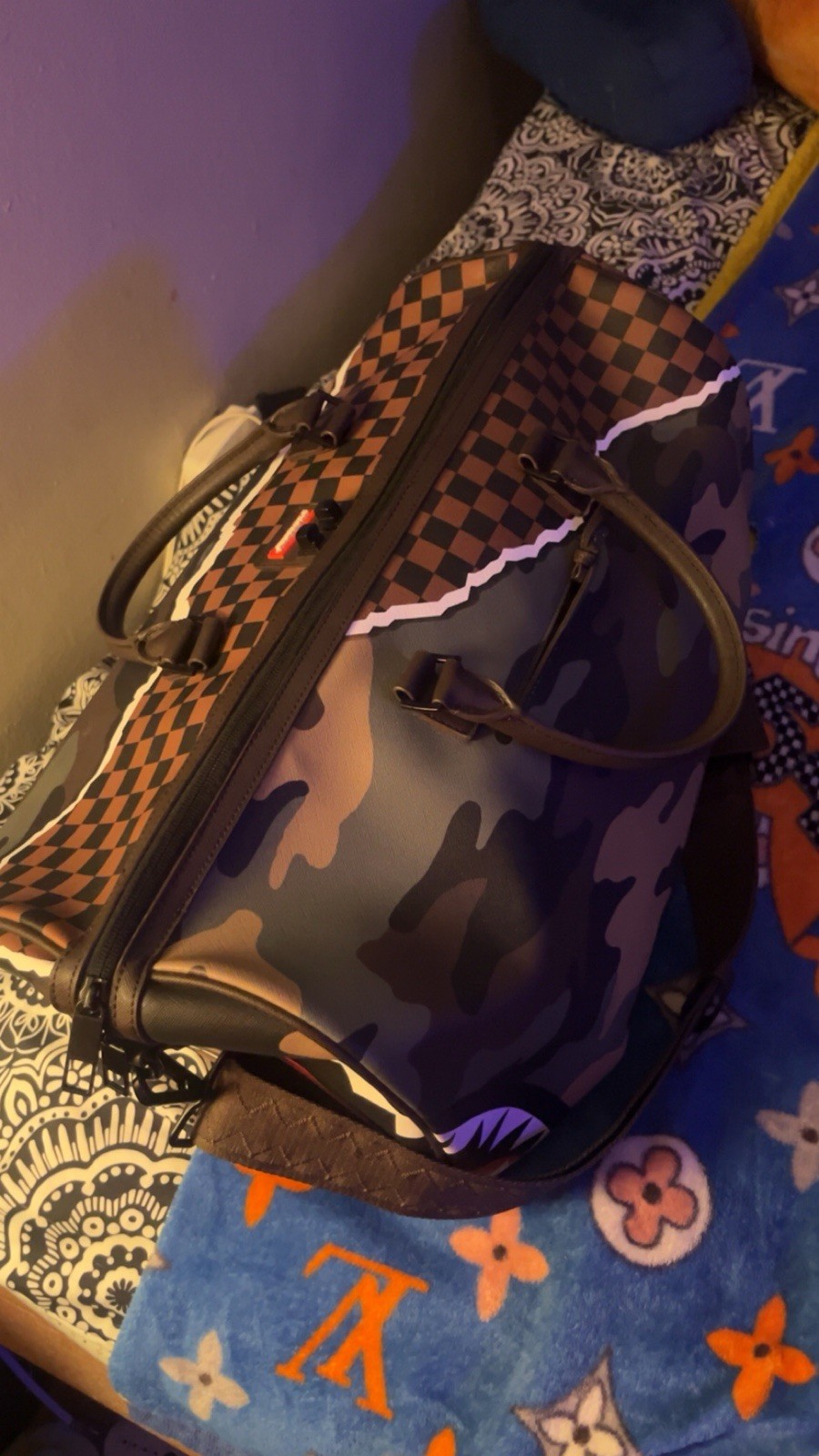 Sprayground Shark Mouth Camo Checkered Duffle Bag Travel Gym Bag NEW