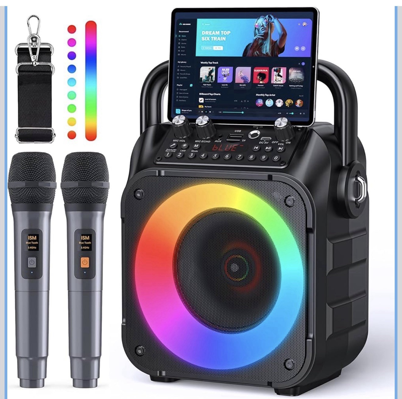 Karaoke Machine Portable Bluetooth Speaker w 2 Wireless Microphones Kids+Adults