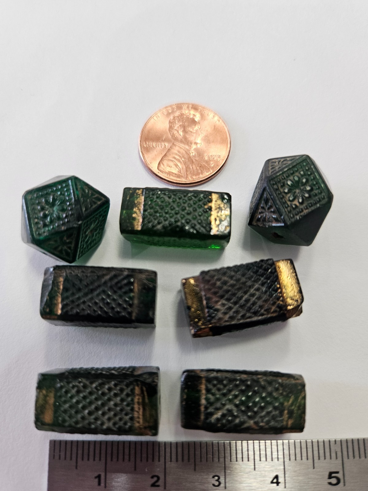 7 Antique Bohemian Molded Glass Beads Dark Green 20x7mm Rare Shapes