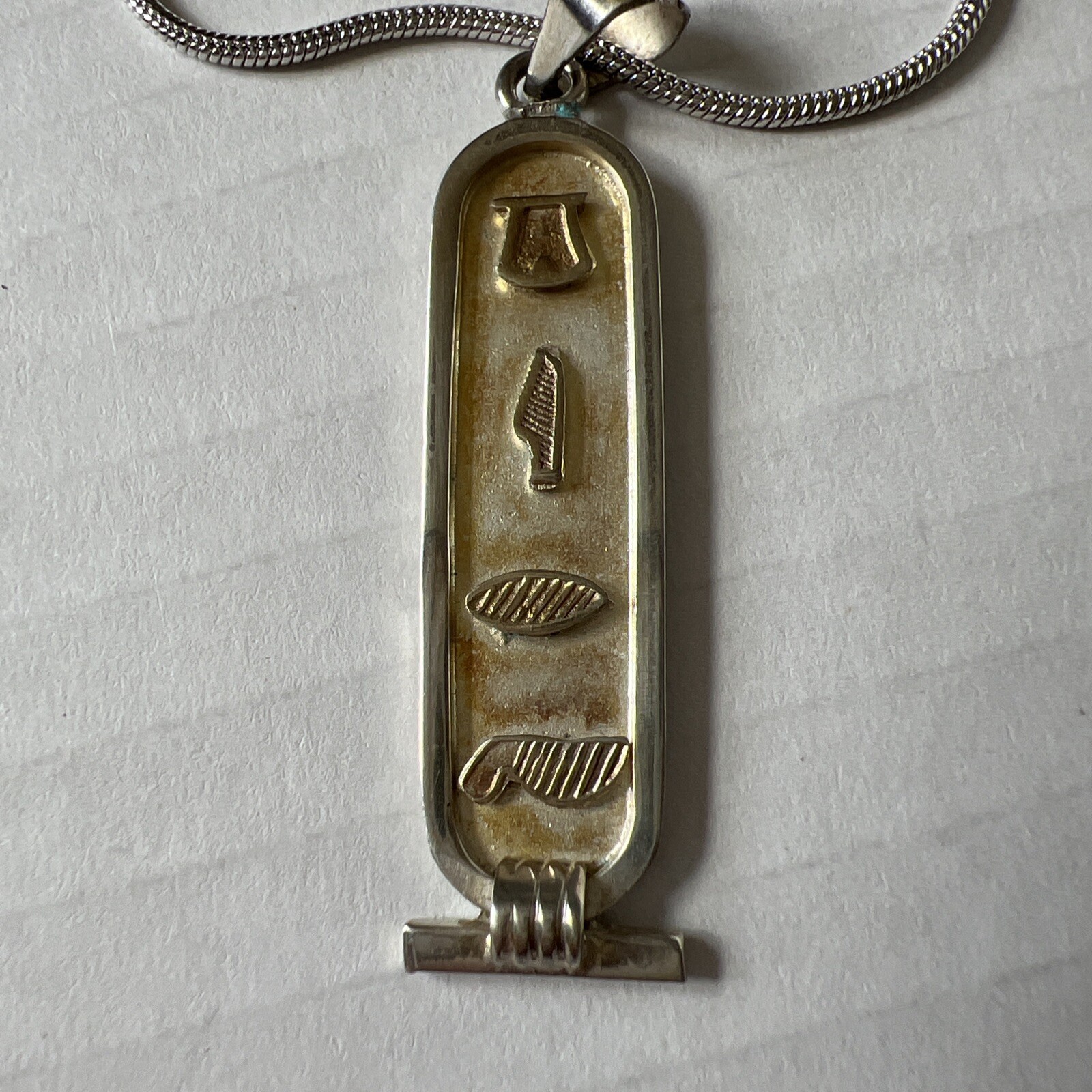 VTG Sterling Silver Pendant/18 K Gold Plated Chain Egyptian Hieroglyphic Scroll