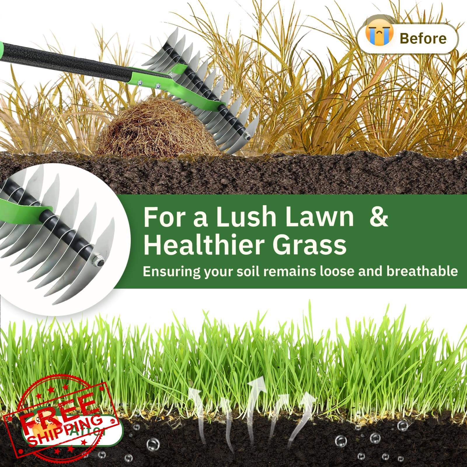 Thatch Rake 13" Dethatcher Rake 55" Adjustable Handle Lawn Care