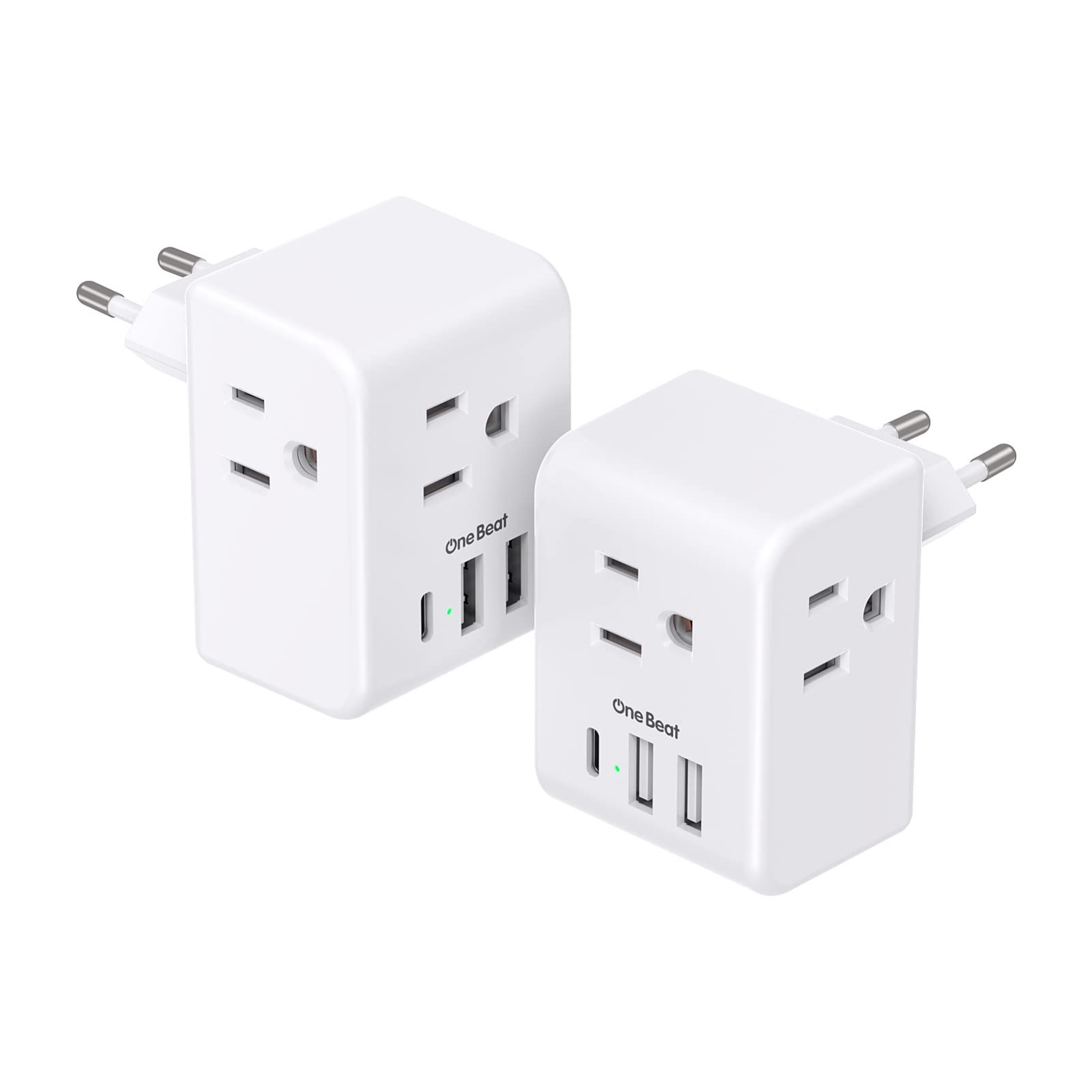 2 Pack European Travel Plug Adapter, 3 Outlet & 3 USB Ports (1 USB-C), EU Travel