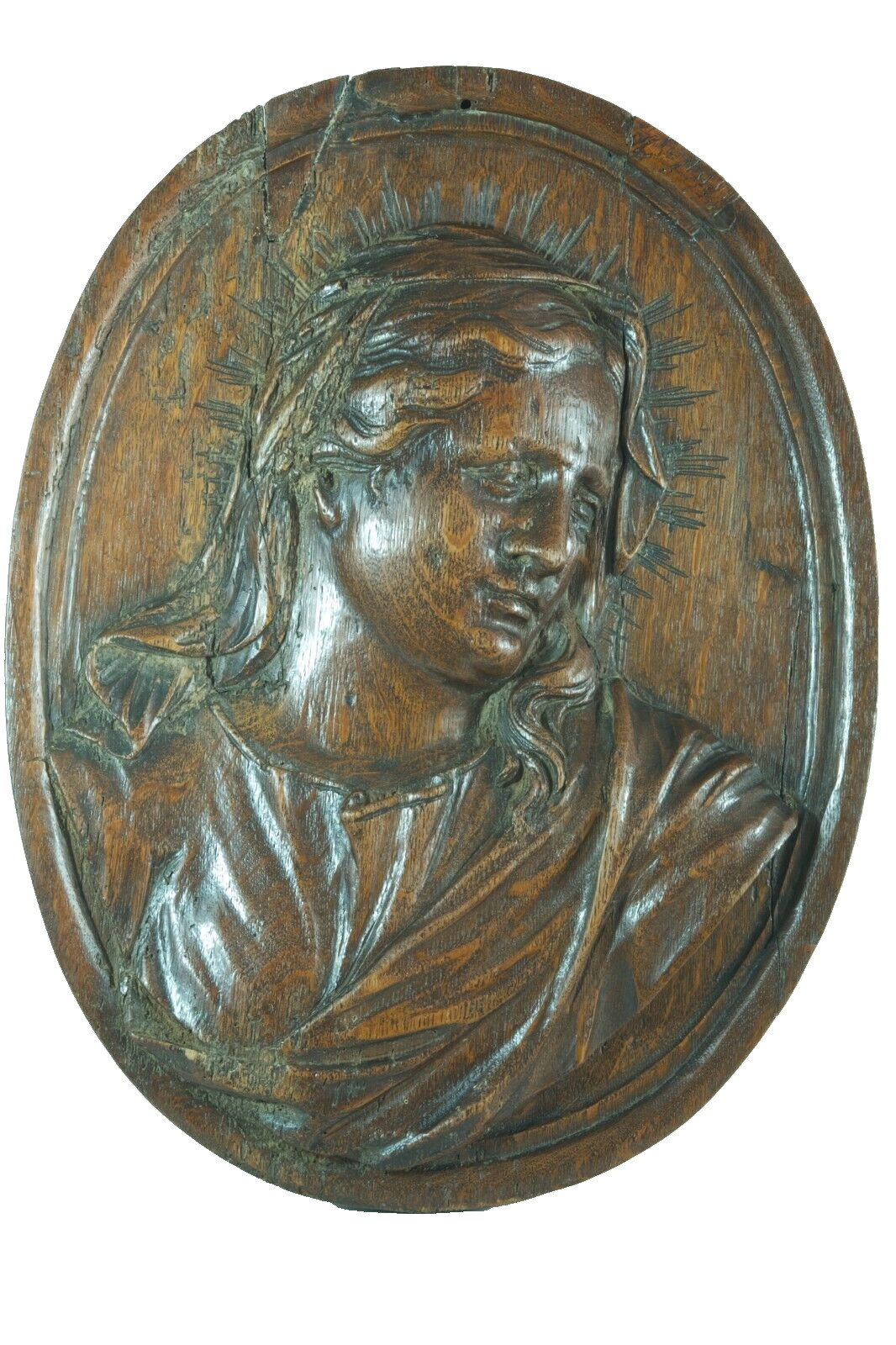 Antique Portrait Virgin Baroque Flemish 17 Th Wood Carved Oak Large Medallion