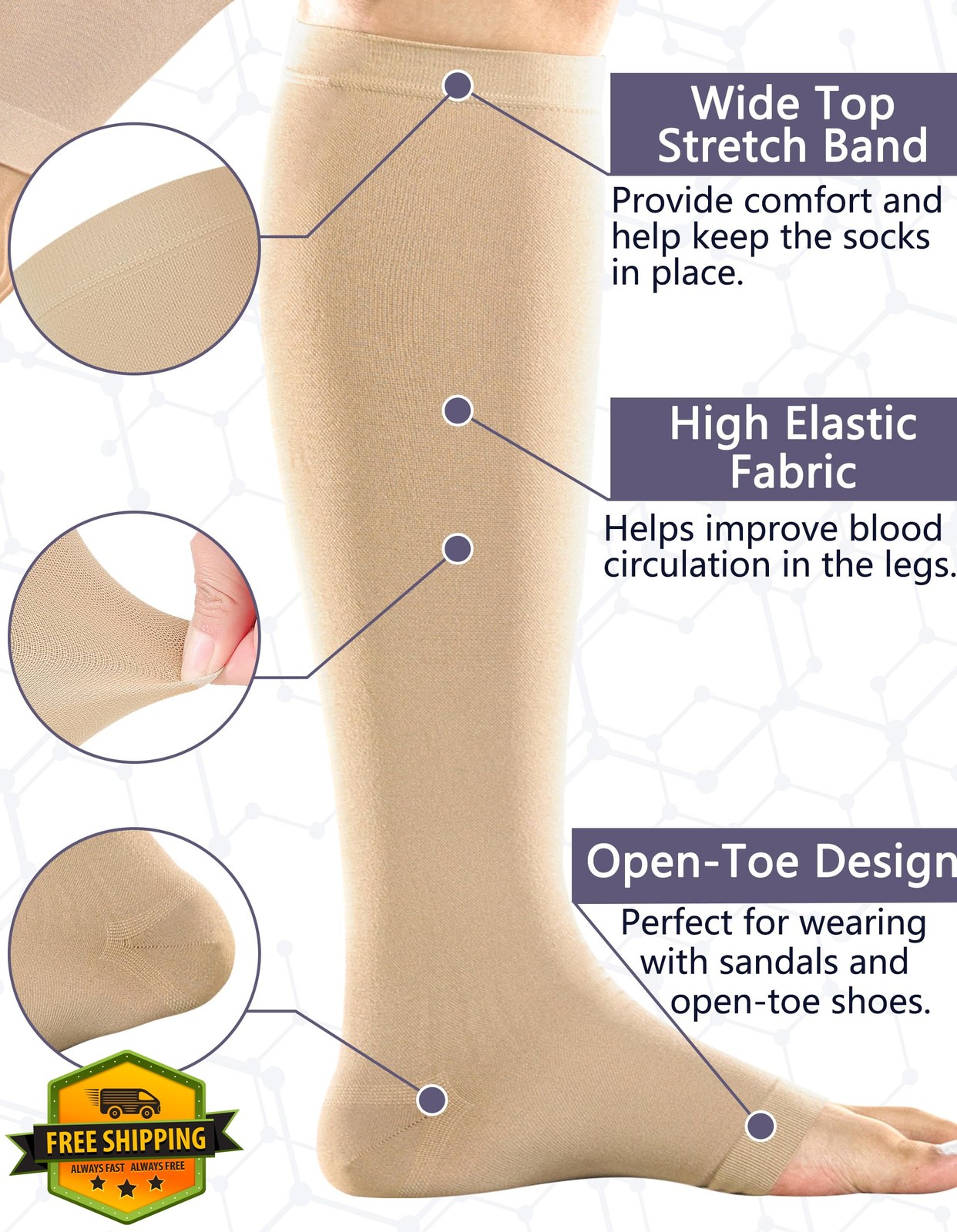 +MD 2 Pairs 20-30 mmHg Compression Socks Knee High Open Toe