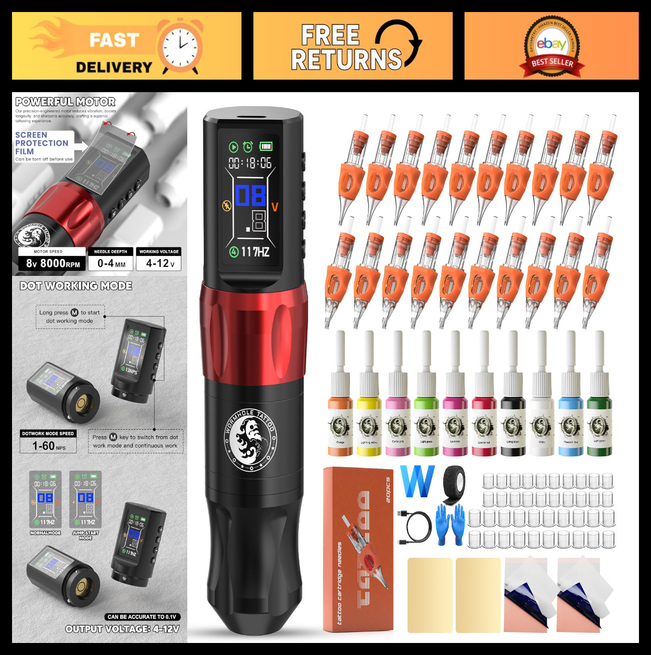 Wireless Tattoo Machine Kit - Cordless Pen-Type Tattoo Gun with Ink for Artists