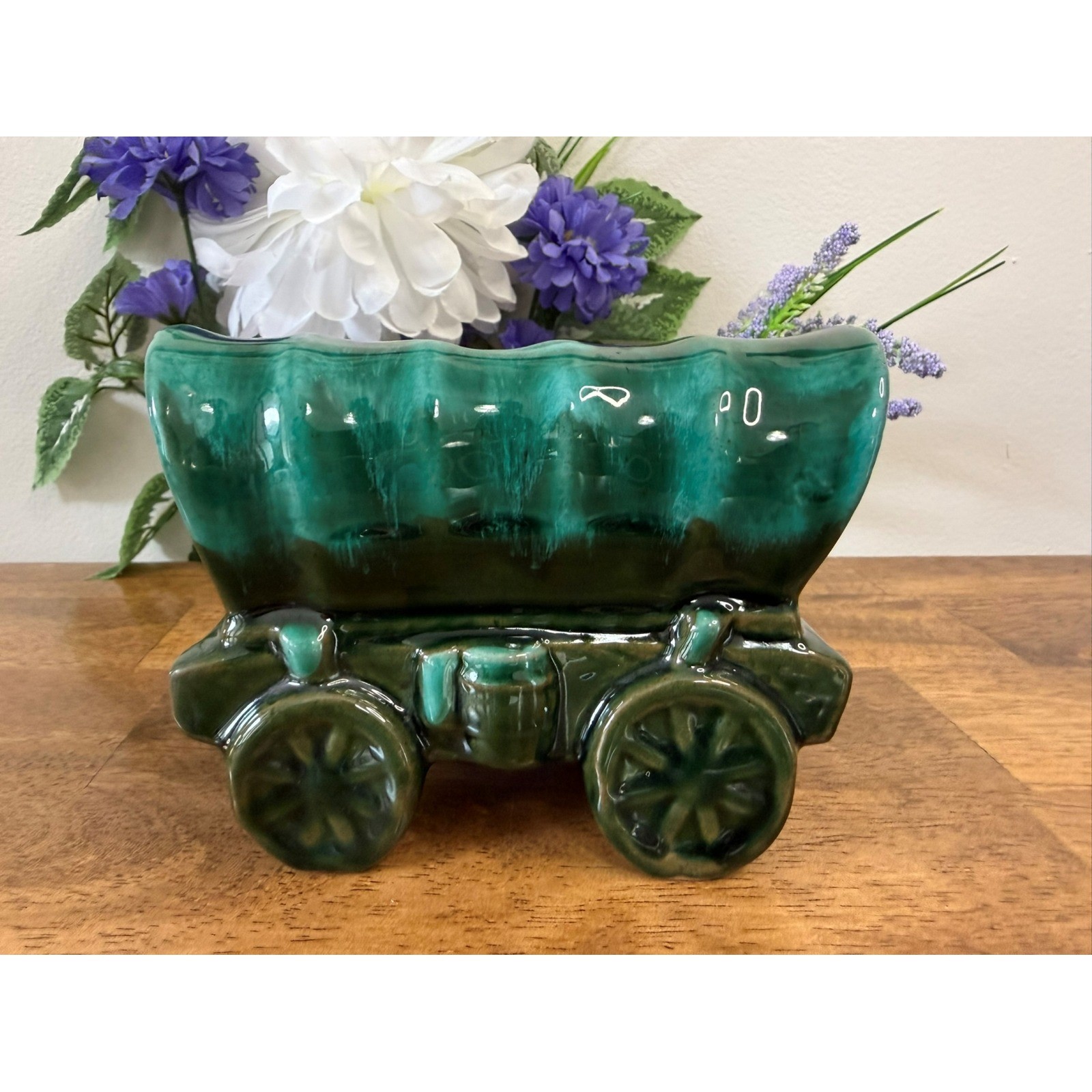 Vintage Canuck Pottery Covered Wagon Bank Canadian Art Pottery Green Drip Glaze