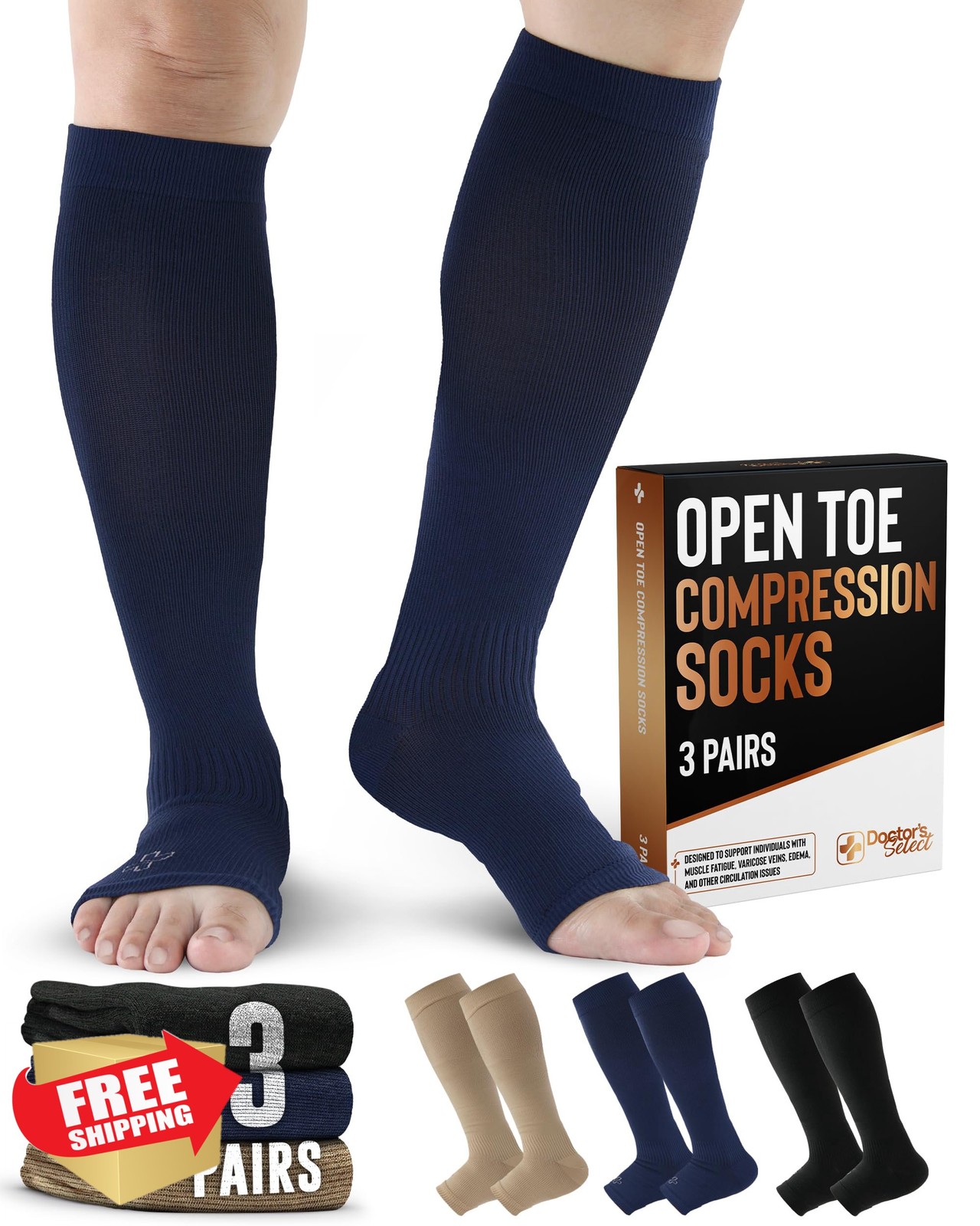 Doctor's Select Copper Toeless Compression Socks 3 Pair 20-30 mmHg