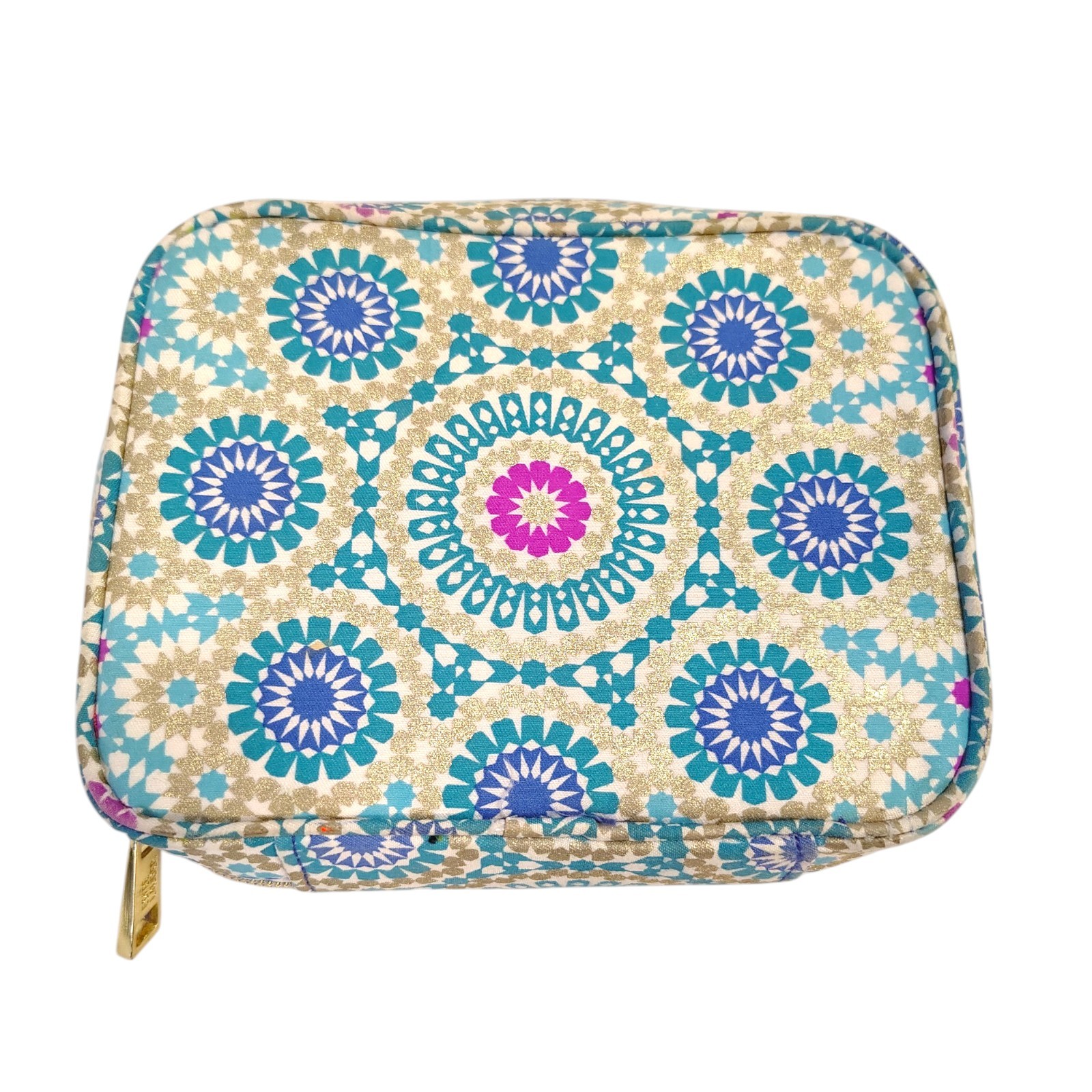 Estee Lauder Makeup Cosmetic Bag Mandala Print Square Blue Gold Pink