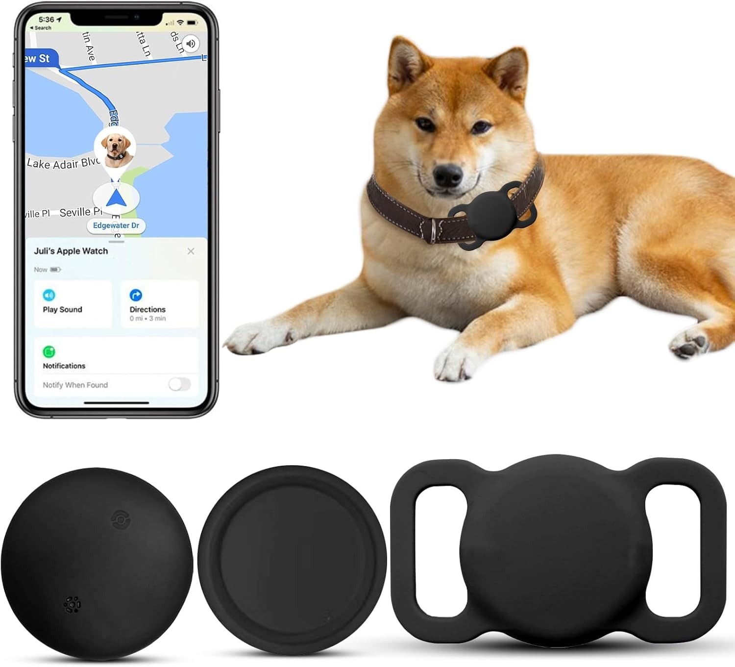 Dog Tracker with Collar Holder, Smart Pet Tracker, MFi Certificated Tracking ...