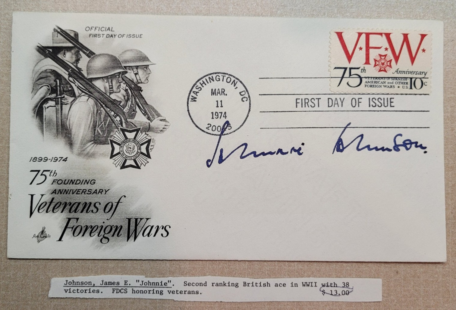 James E. "Johnnie Johnson" British World War 2 ACE Signed  First Day Cover 1974
