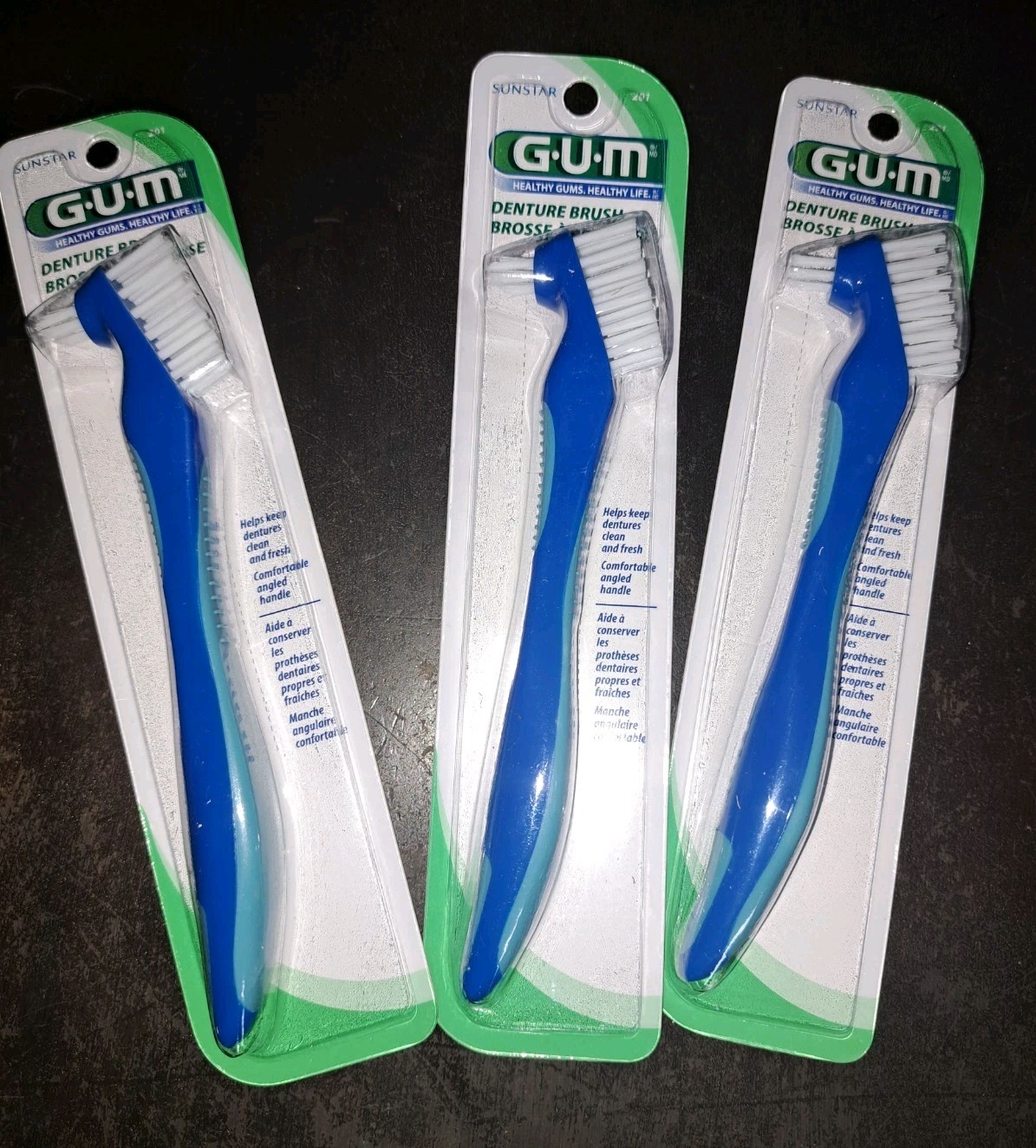 GUM Denture Brush #201 Blue Sunstar  Angled Handle 3 Set New