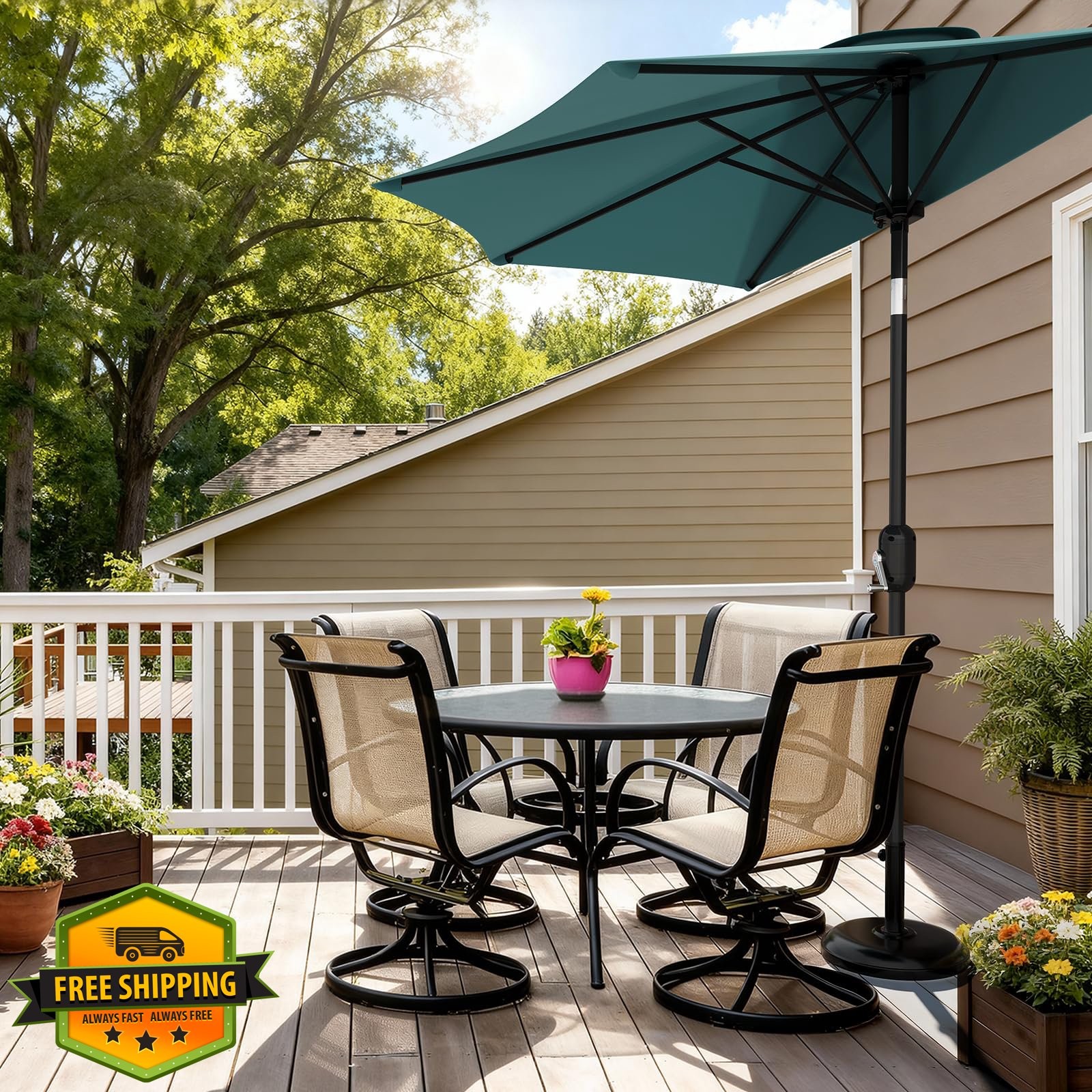 Garvee 9FT Patio Umbrella Half Turquoise Crank Lift Outdoor Shade