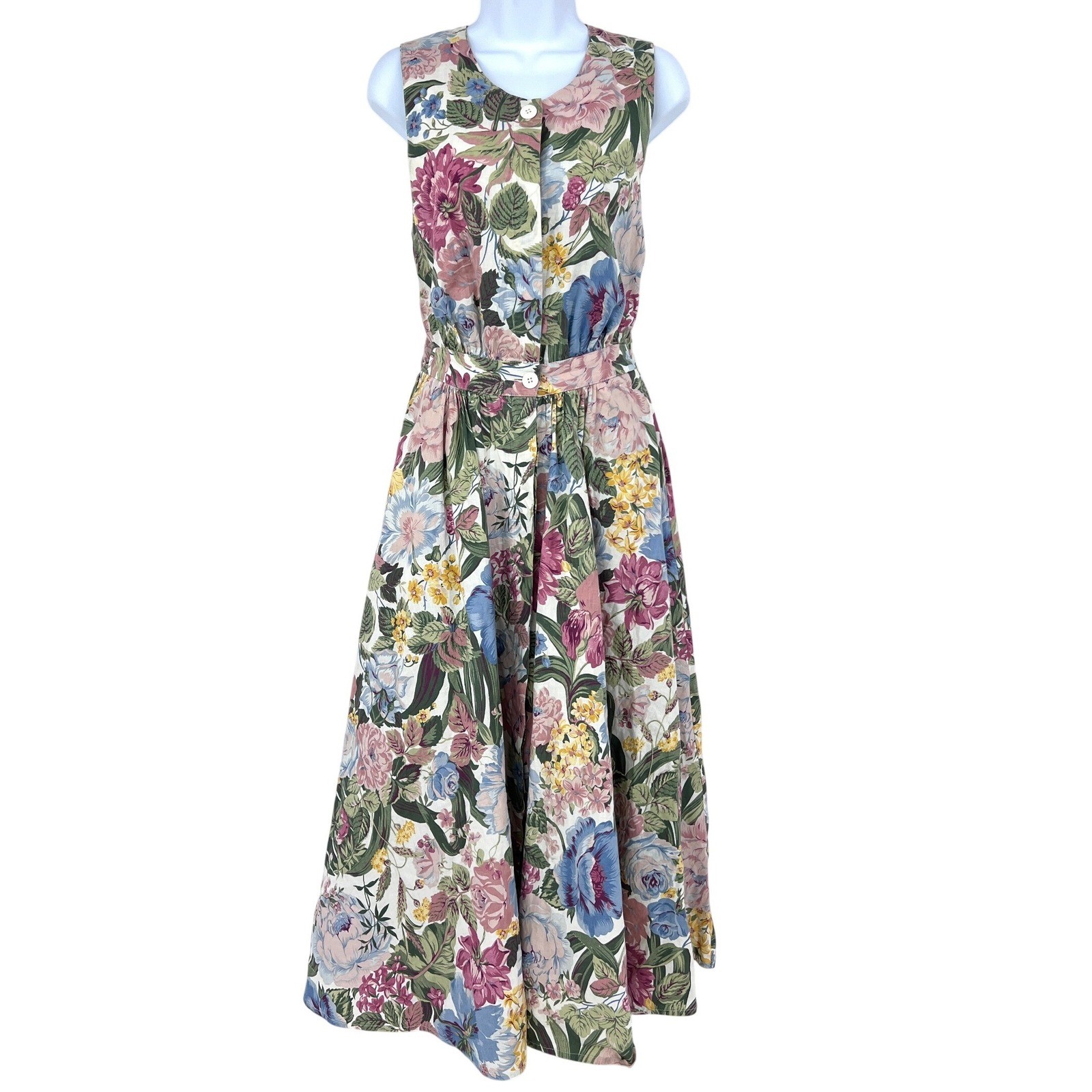 Vintage 90s Floral Maxi Button Down Dress Cotton Open Cross Back Cottage Garden