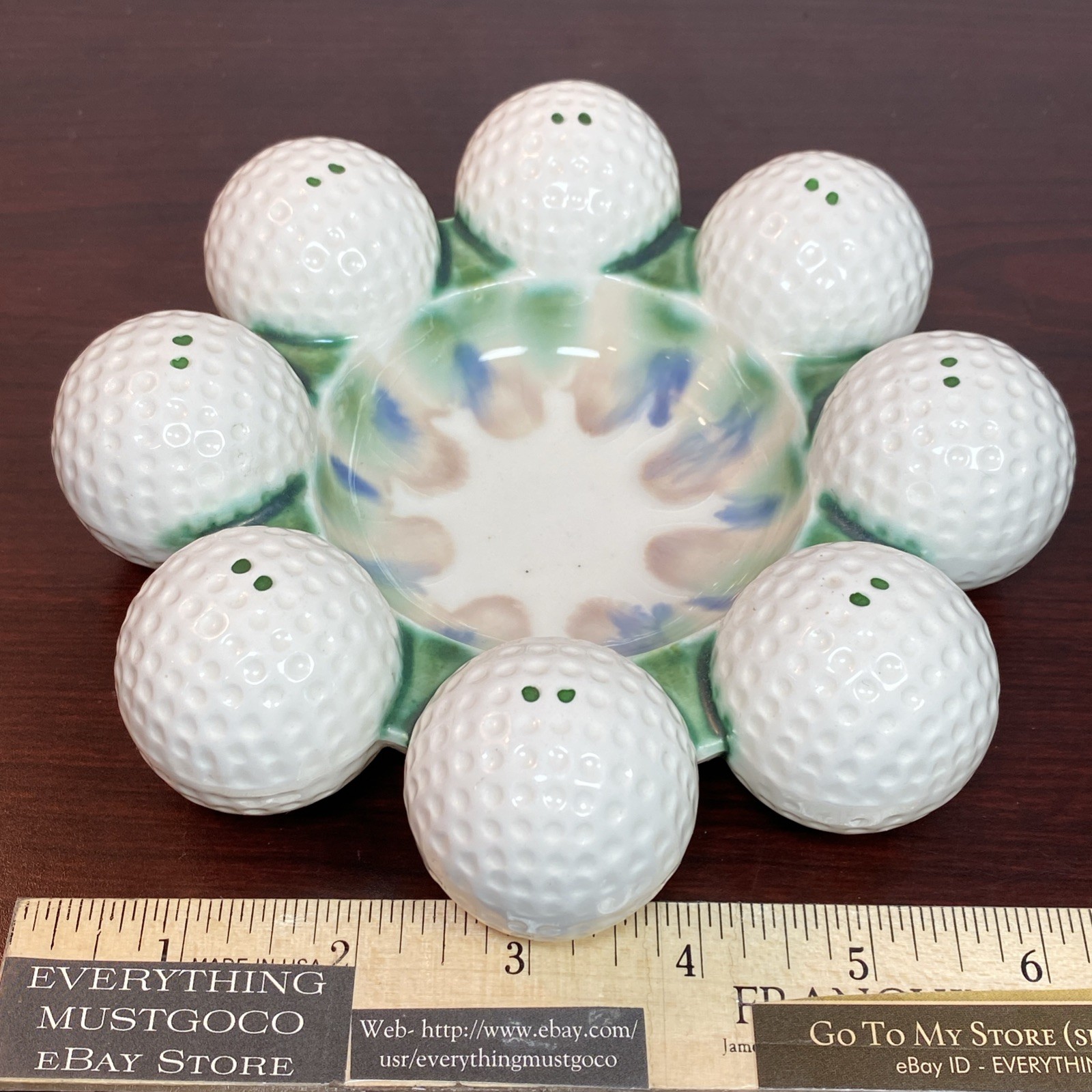 Vtg INARCO JAPAN E-244 MCM Ceramic 8 GOLF BALLS Trinket Dish CIGAR Ash Tray 6.5”
