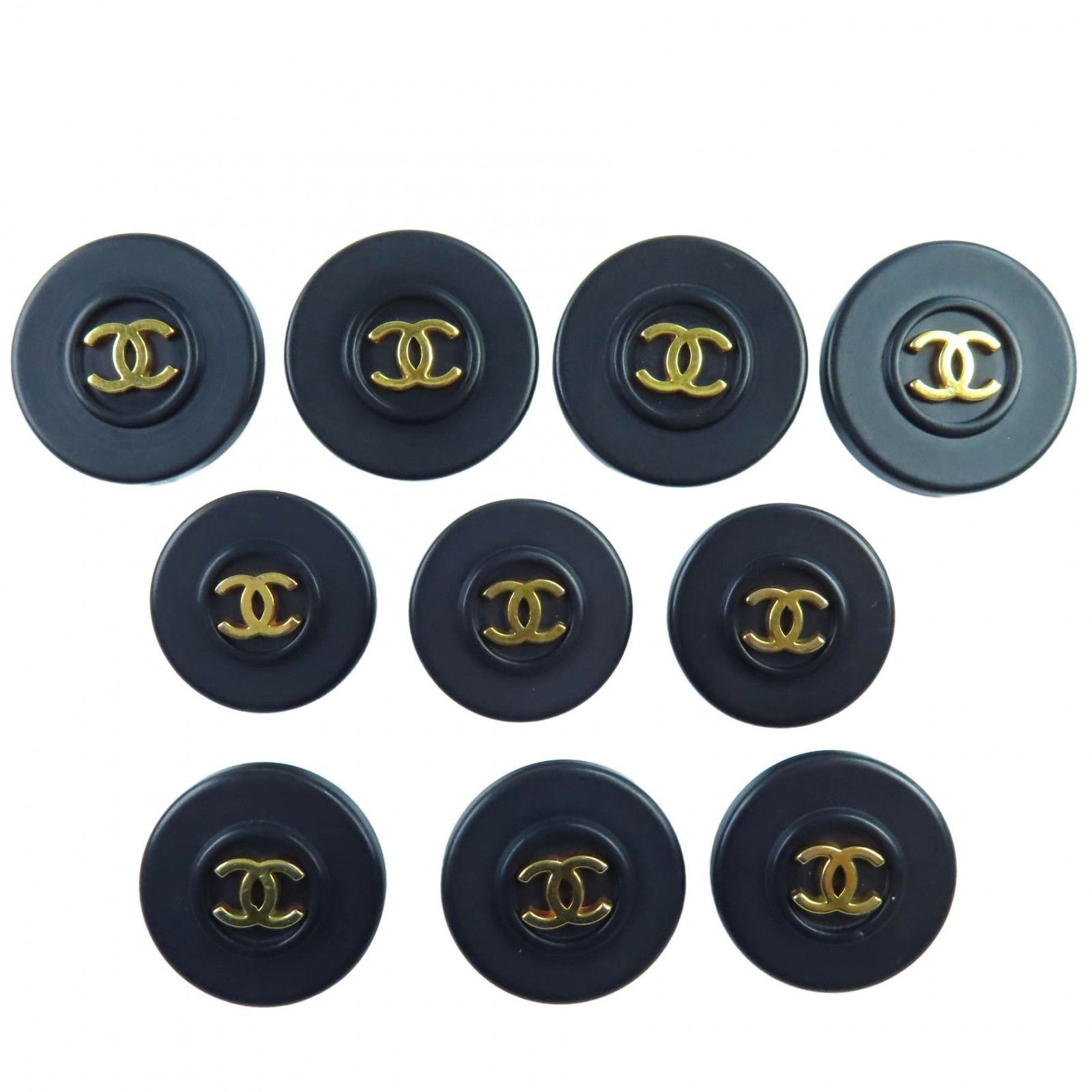 Chanel Coco Mark Button 4 Large 6 Small 10 Pieces Set Black Gold Hardware Women'