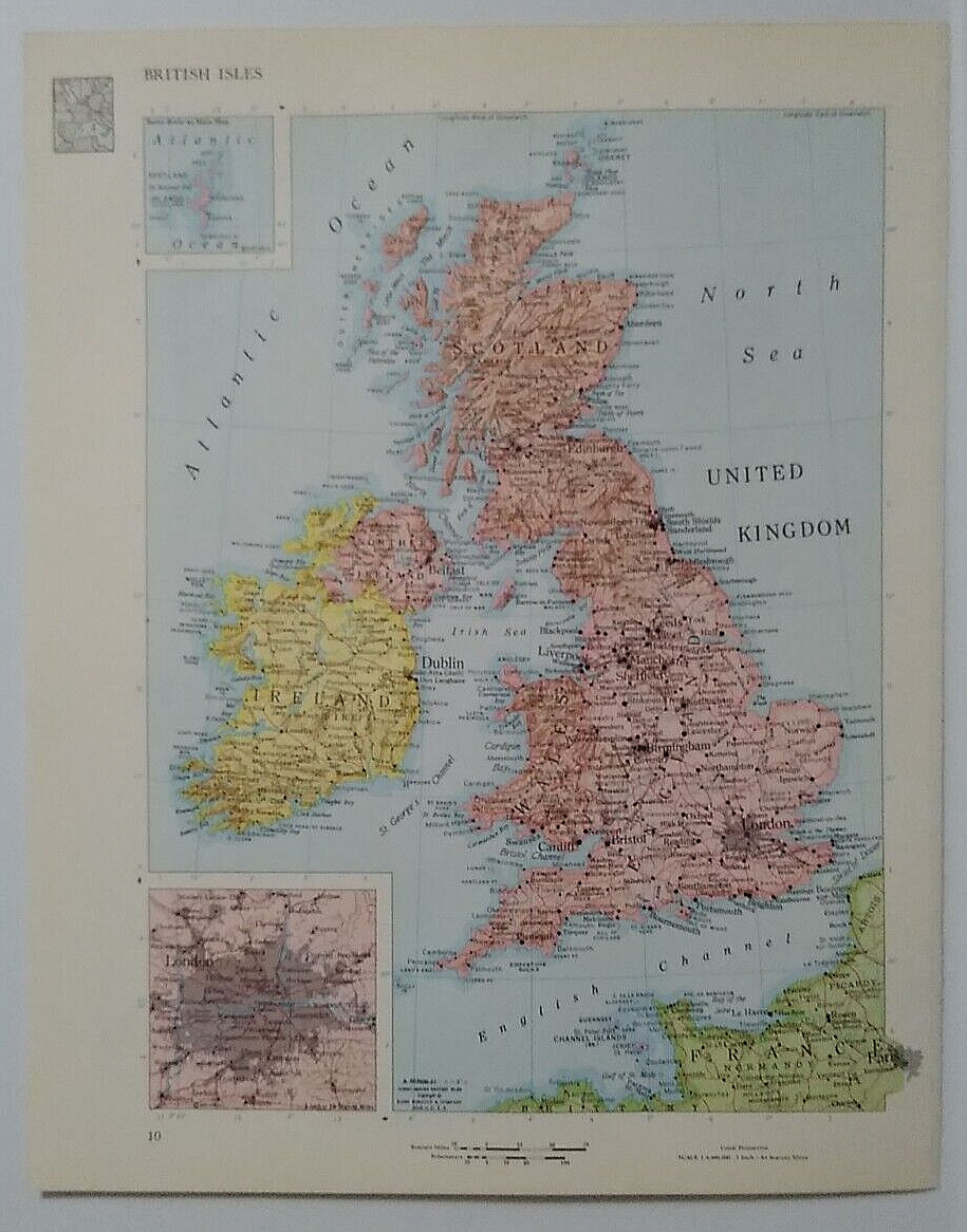 1960's Vintage BRITISH ISLES Atlas Map - Old Antique Rand McNally World Atlas
