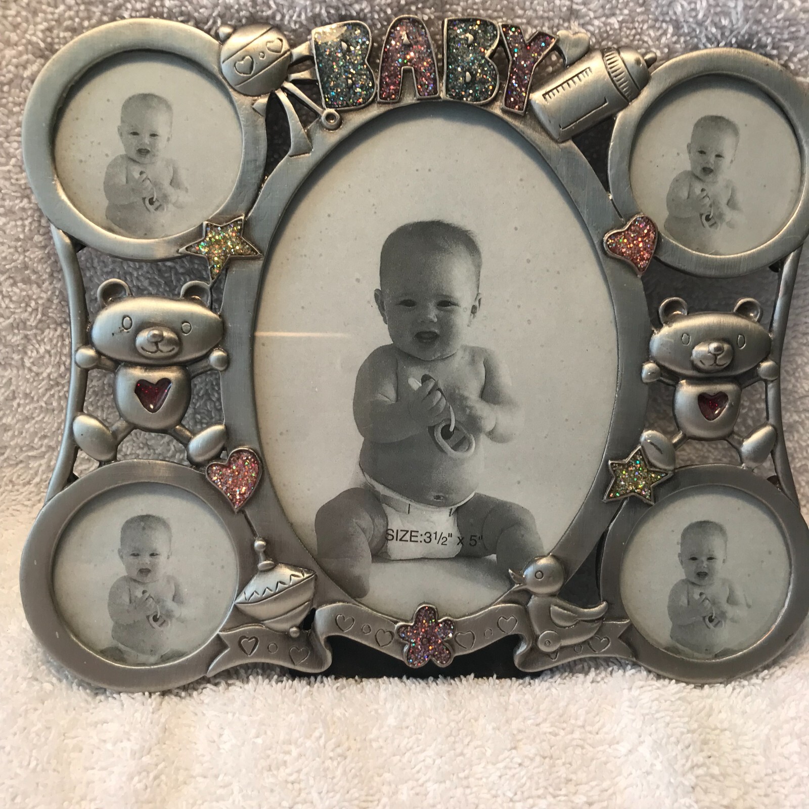 Pewter Baby Picture Frame - Holds 5 photes - 1 (3.5 x 5 ) - 4 ( 1.5 in Round )