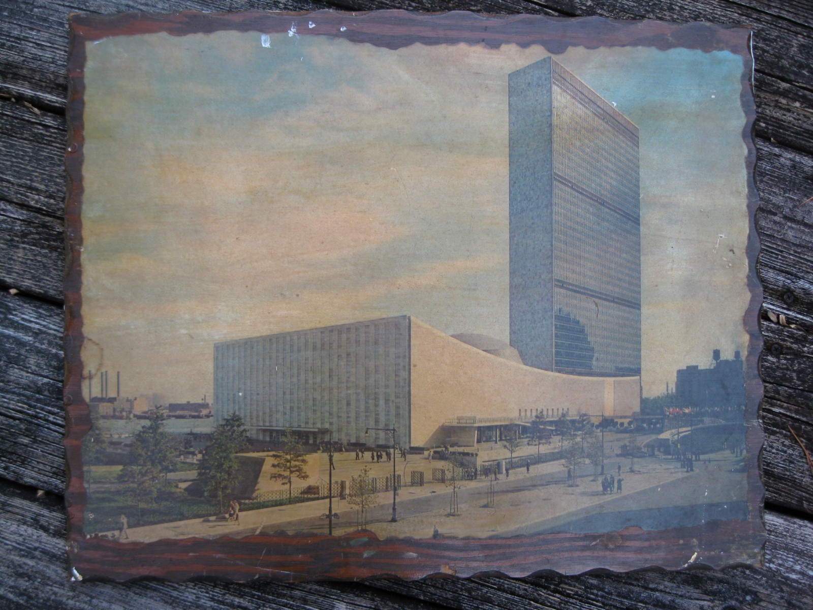 Vintage UNITED NATIONS NY Building 17x 21 Wall Hanging Art Picture 1/2" Wood