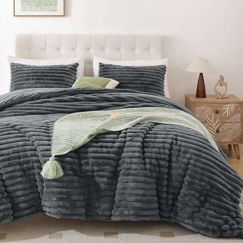  Fluffy Queen Comforter Set 3 Pieces - Dark Grey Fleece Fluffy Comforter Set, 