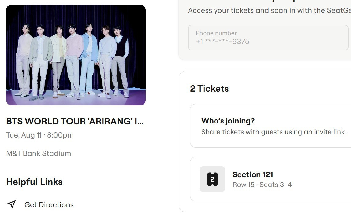 2 BTS tickets MARYLAND AUGUST 11 (2 SEATS)