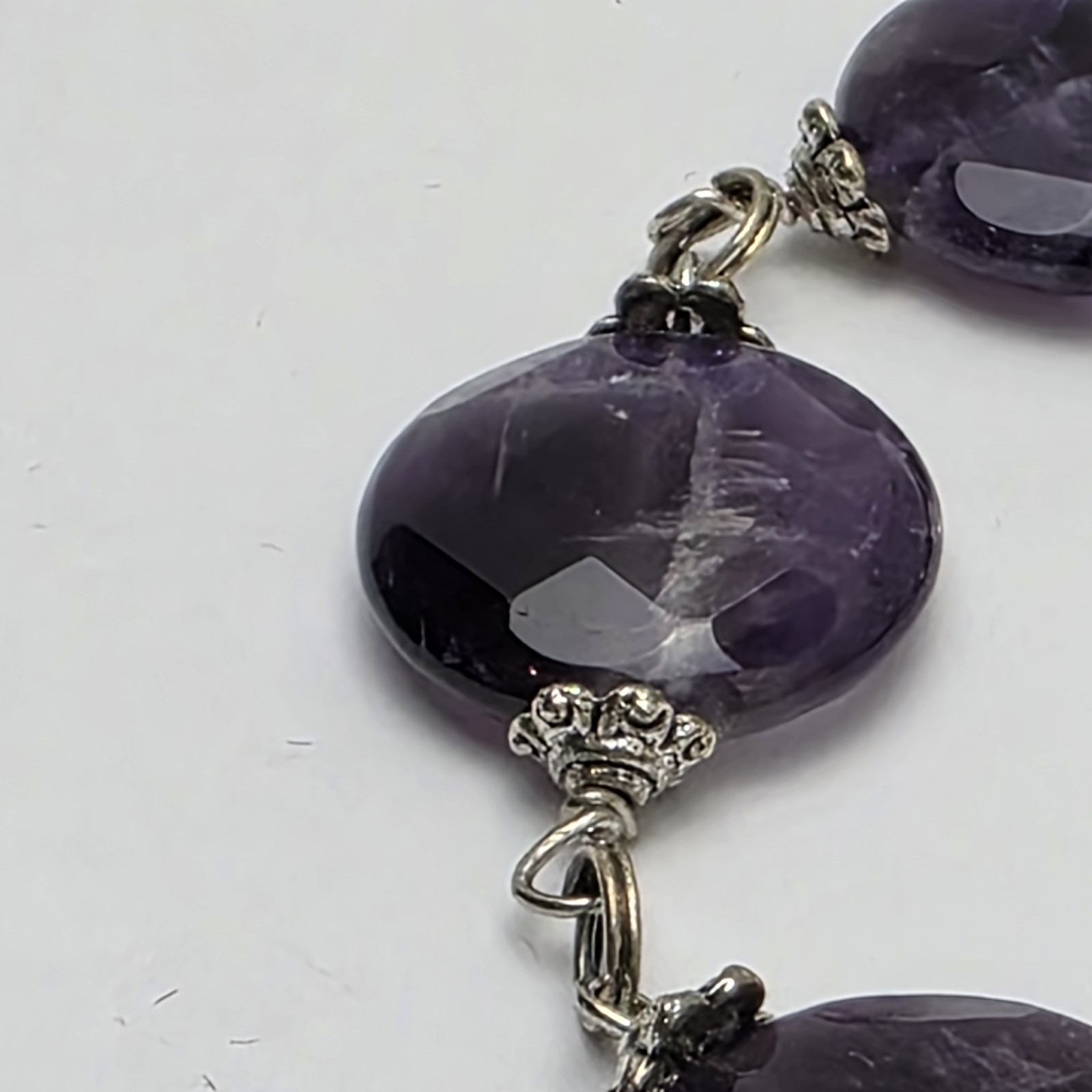 Hand Crafted Amythest And Silver Toned Accent Beads Jump Linked Bracelet O