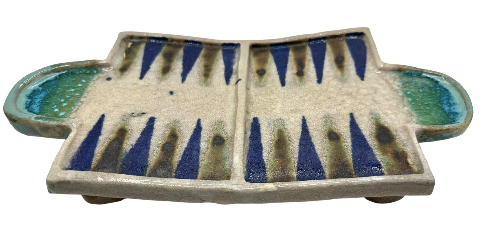 Handmade Studio Art Pottery Backgammon Game Board Tray Blue Beige Geode Glaze