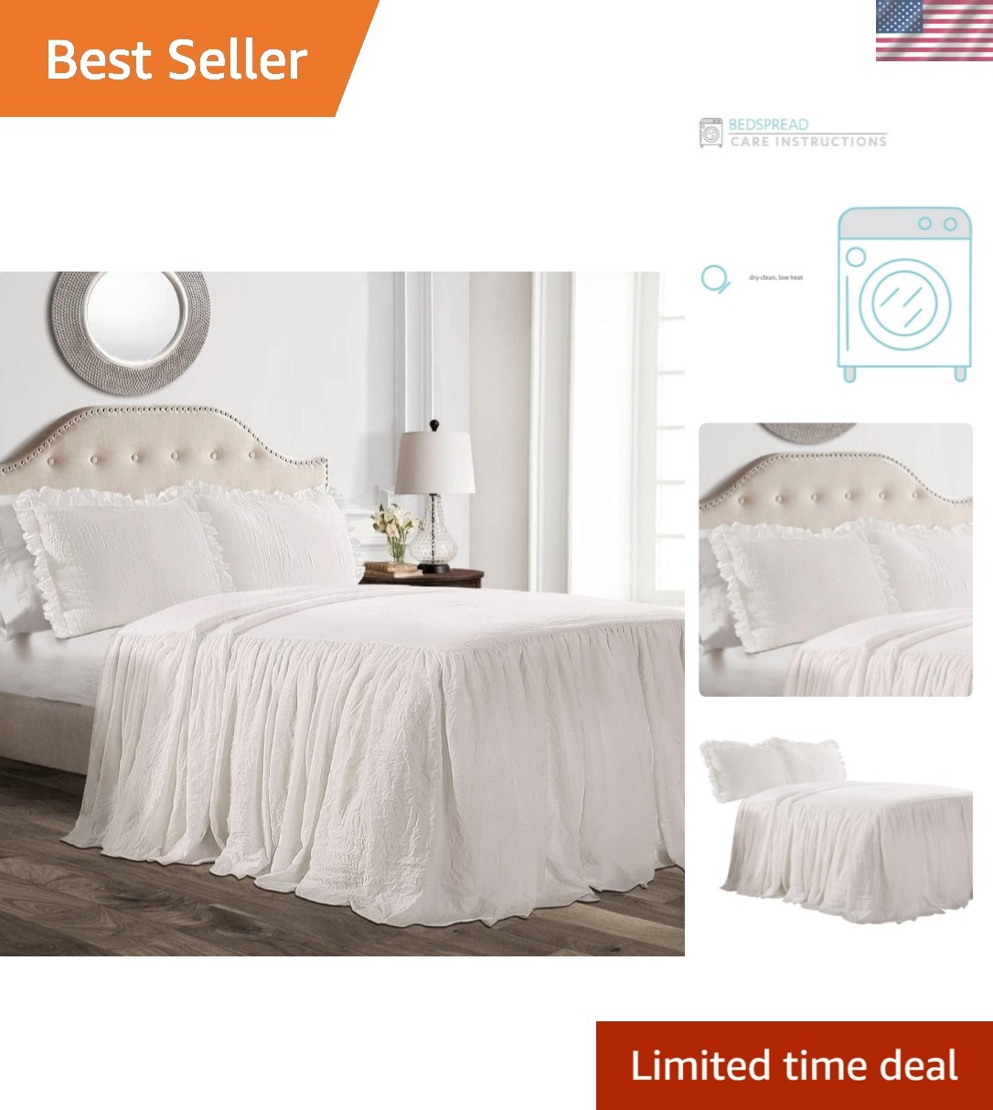 Ruffle Skirt Bedspread Set - 3-Piece Luxurious Farmhouse Bedding - Elegant Ru...