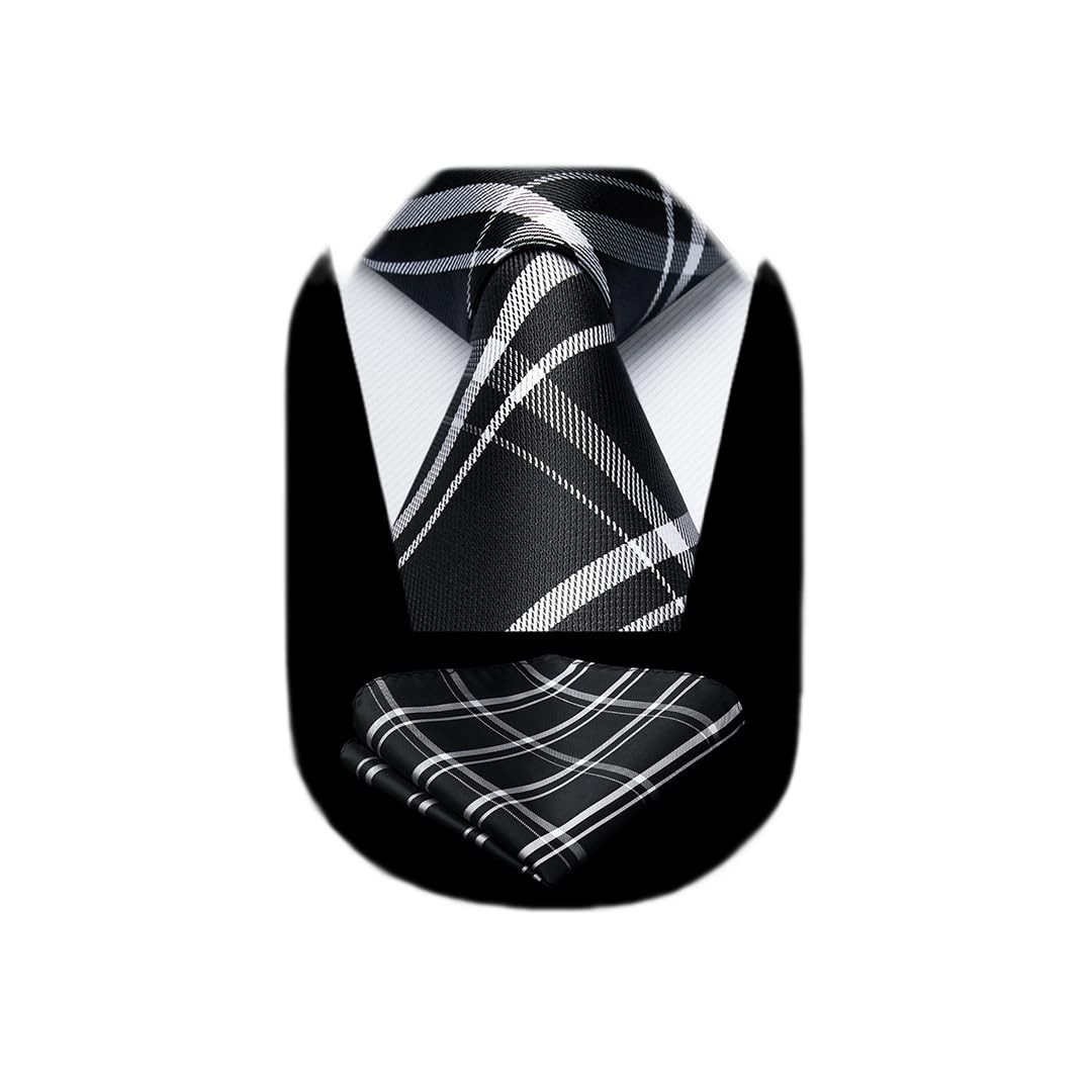 HISDERN Ties for Men Black Extra Long Tie and Pocket X-Large, B1-black 3 