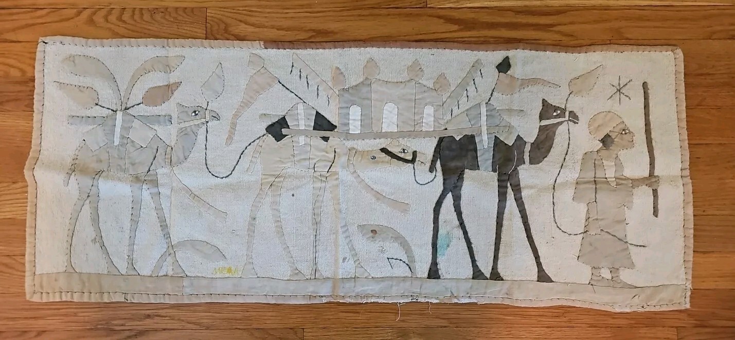 Egyptian Revival Textile "To the Water Well" camels, donkey, Pyramids 41"X 17"